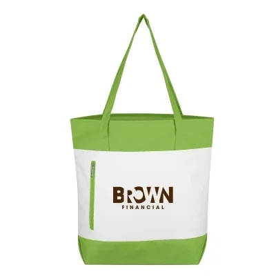 White shopping tote with colored trim and long carry handles