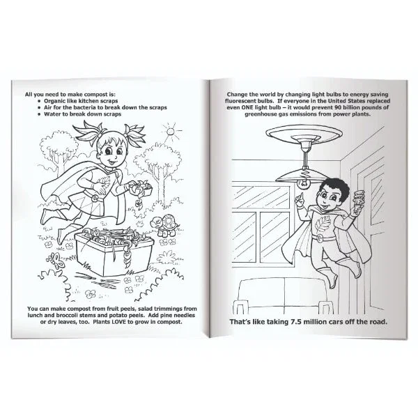 Living Green with Eco-Superheroes coloring book sample page teaching conservation