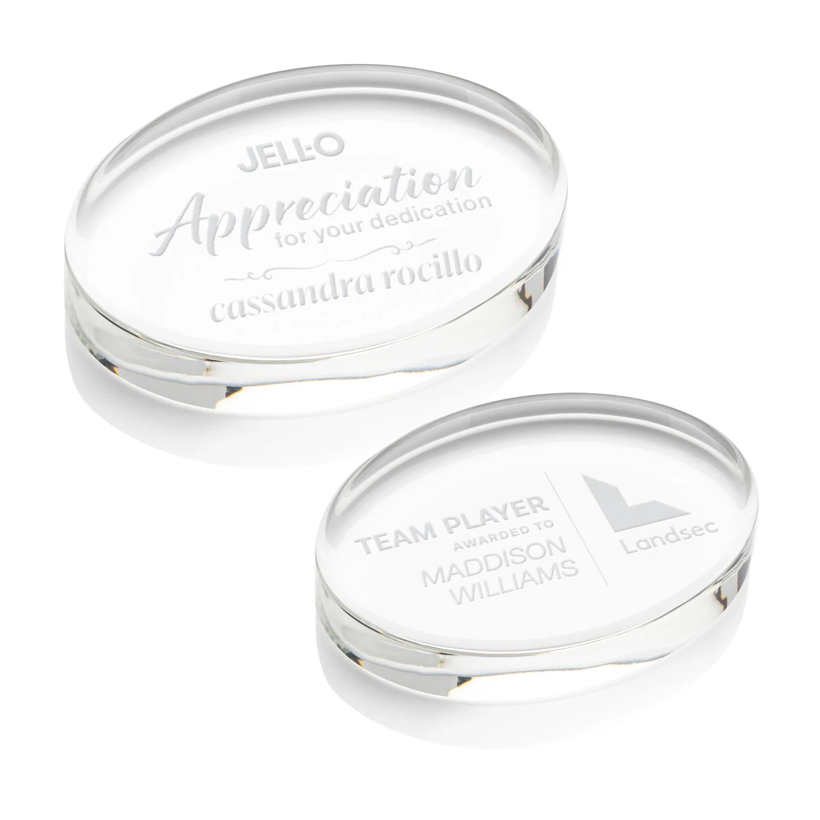 Custom Oval Crystal Paperweight, 3.5" or 4" with Curved Edge, client appreciation gift for employee recognition