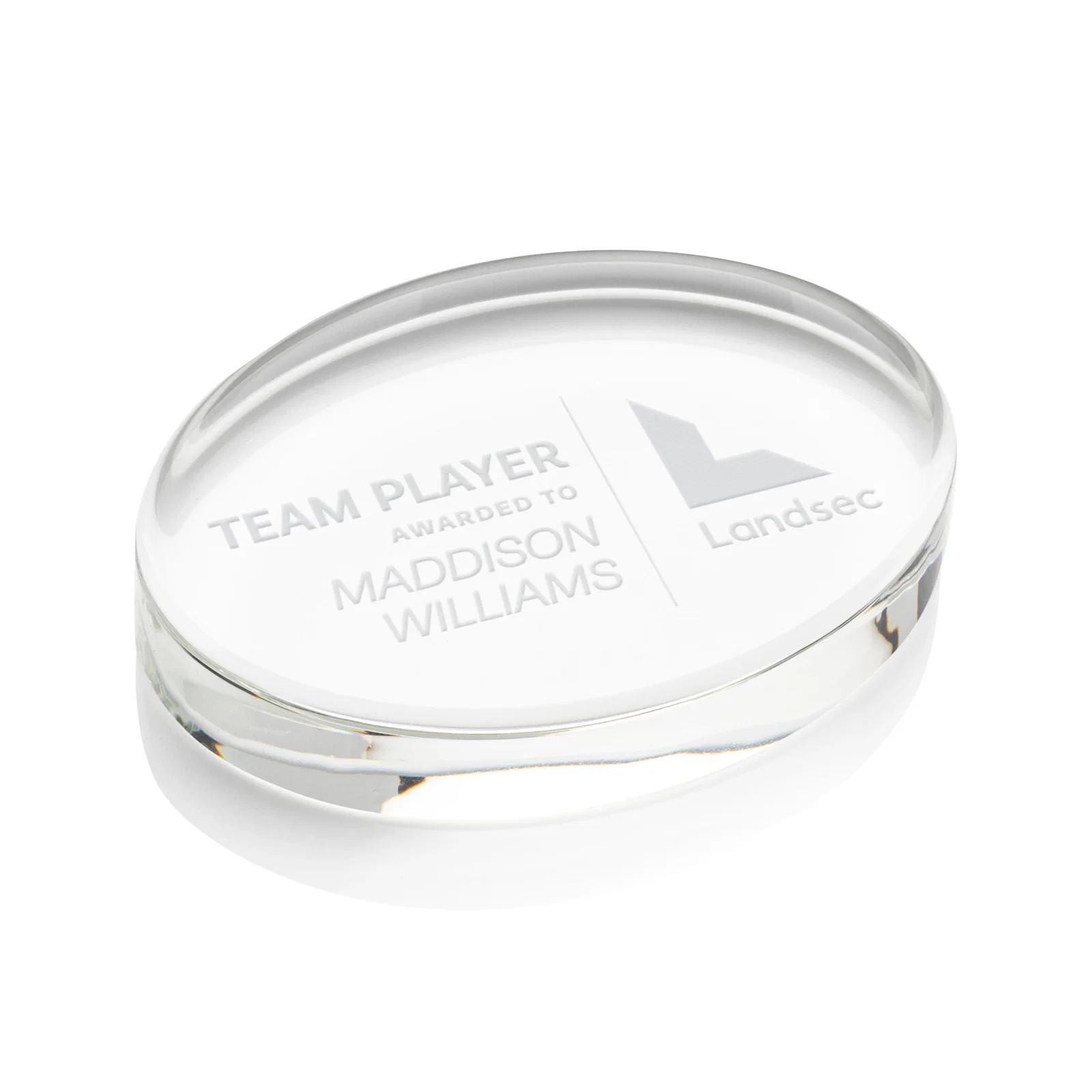 Custom Oval Crystal Paperweight, 3.5" or 4" with Curved Edge, client appreciation gift for corporate award ceremonies