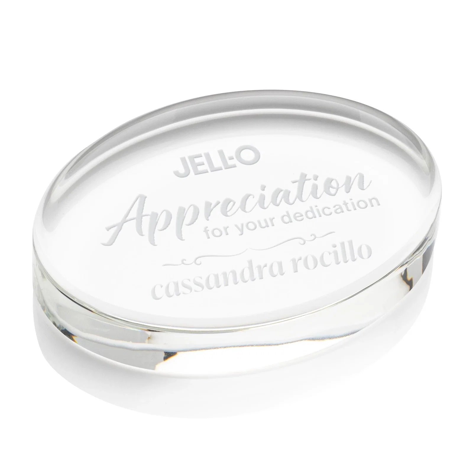 Custom Oval Crystal Paperweight, 3.5" or 4" with Curved Edge, client appreciation gift for service anniversary gifts
