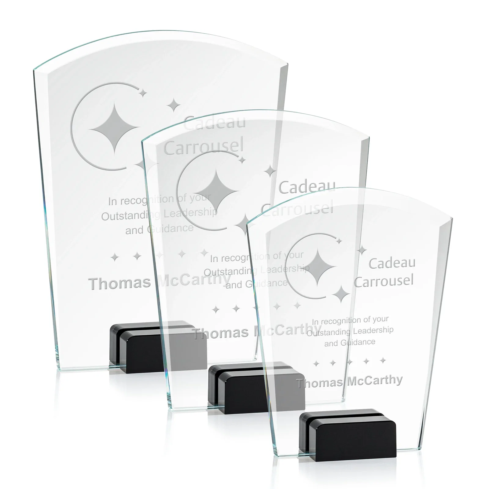 Custom Starfire Crystal Award Propped Between Two Colored Crystal Blocks, awards for volunteer appreciation
