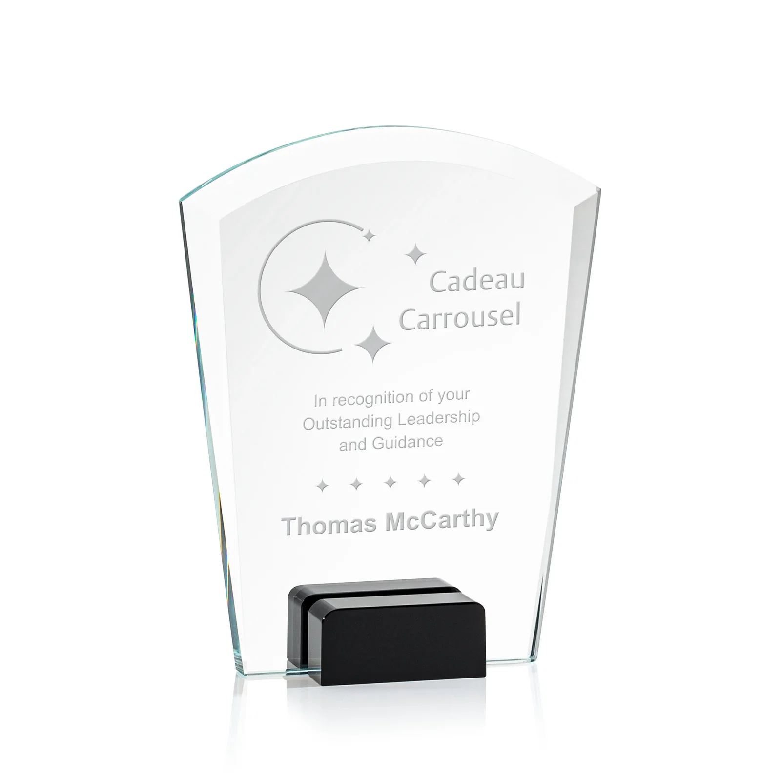 Custom Starfire Crystal Award Propped Between Two Colored Crystal Blocks, awards for dealer and partner awards