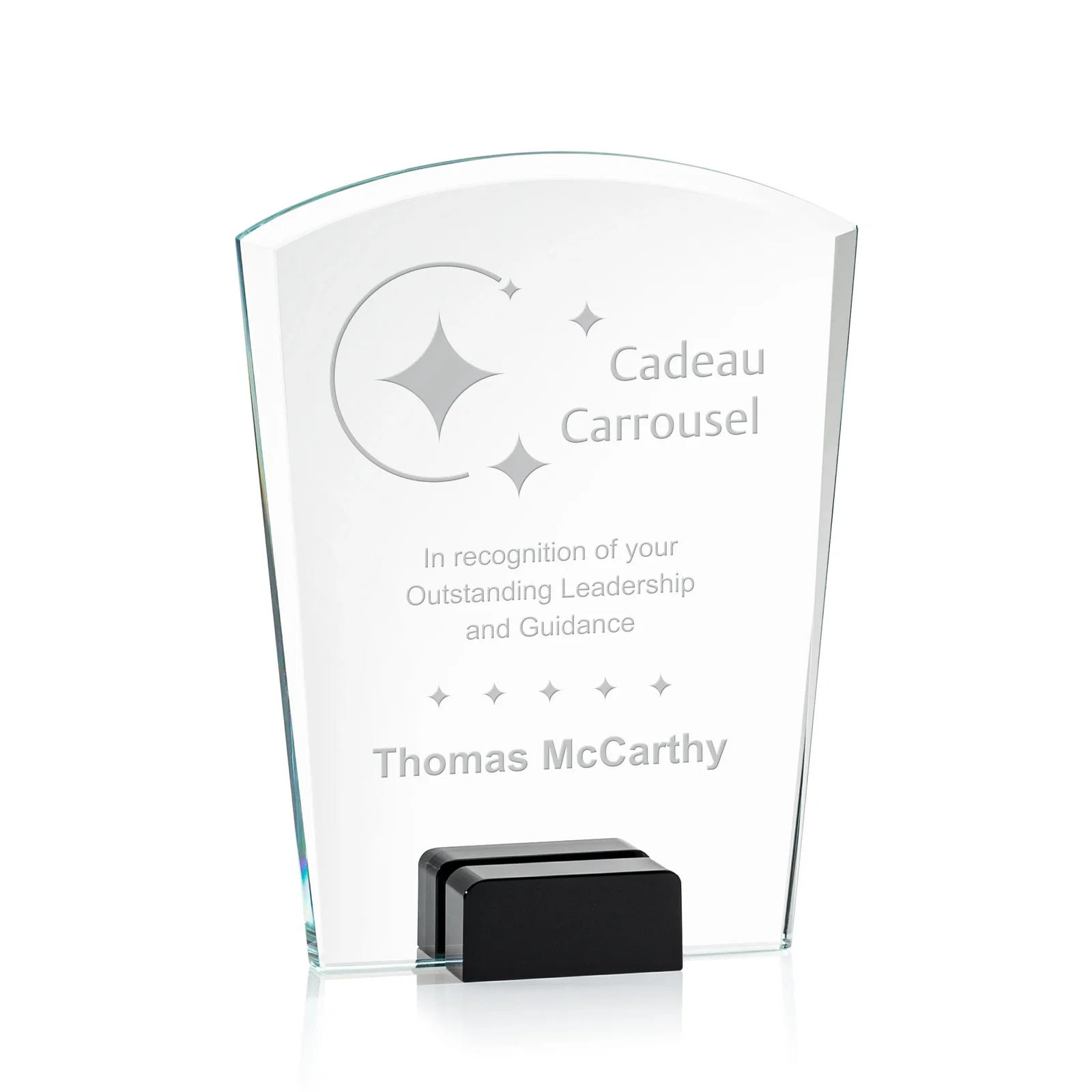 Custom Starfire Crystal Award Propped Between Two Colored Crystal Blocks, awards for company anniversary events