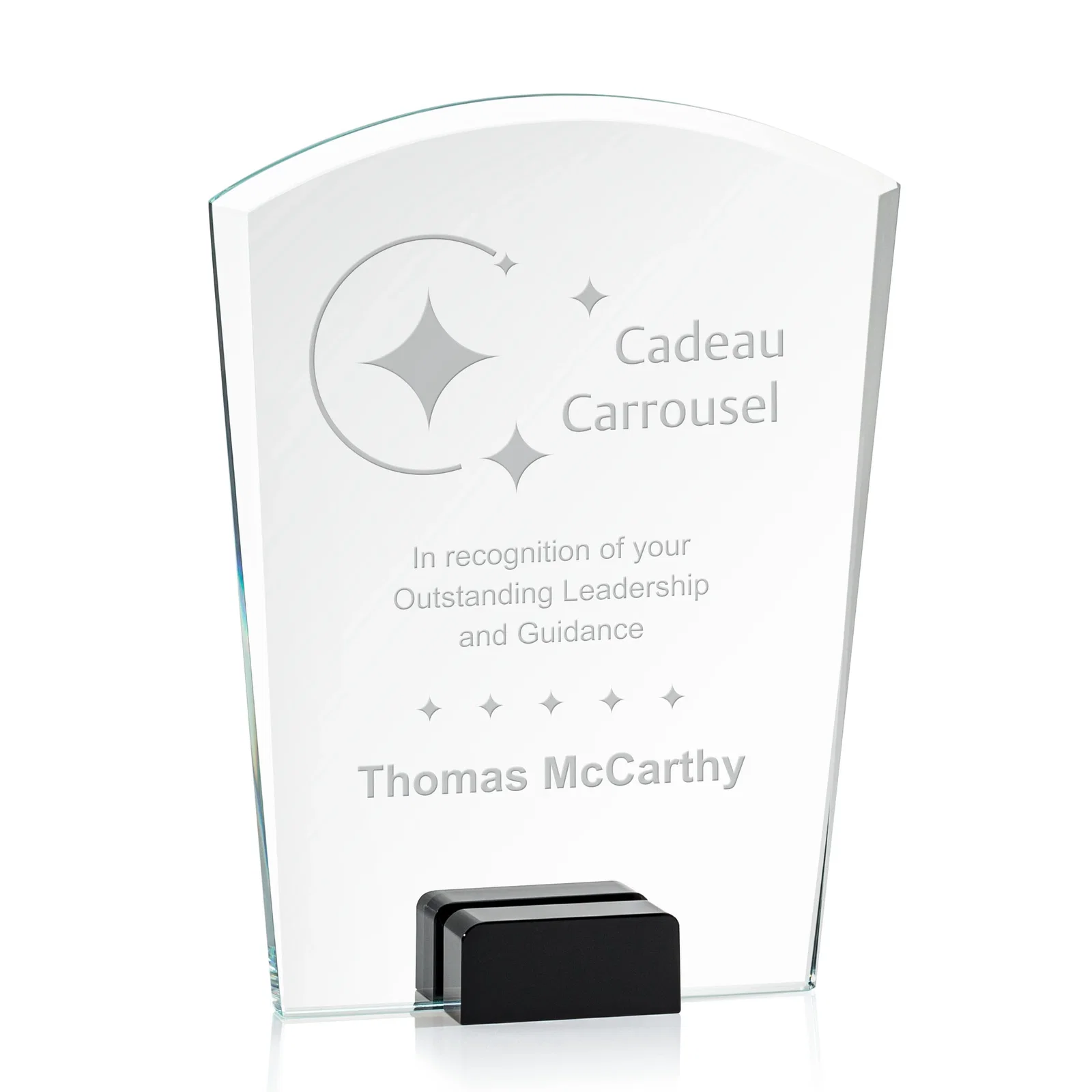 Personalized Starfire Crystal Award Propped Between Two Colored Crystal Blocks, awards for employee recognition
