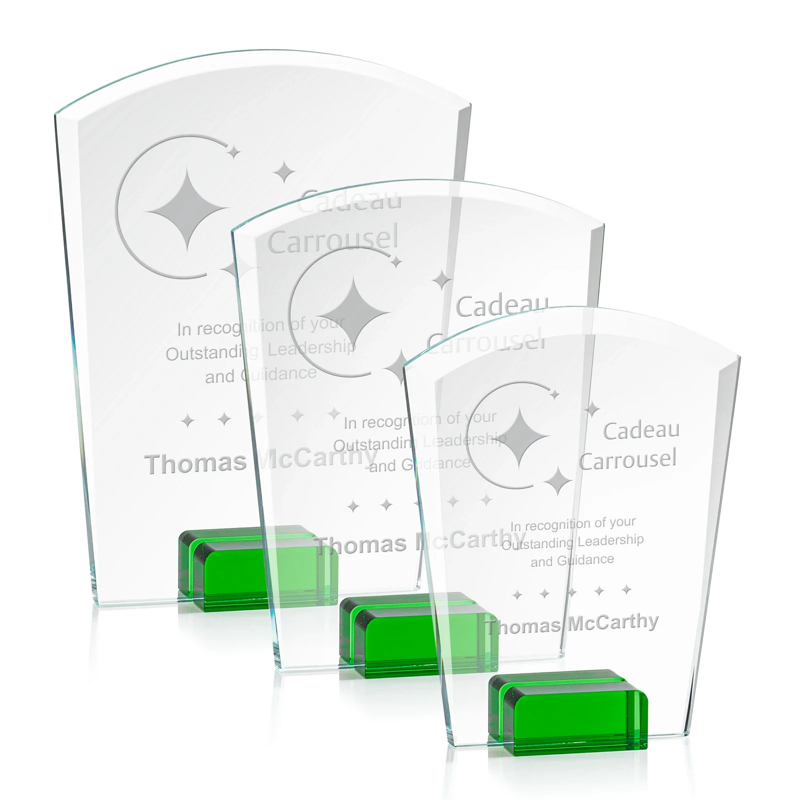 Personalized Starfire Crystal Award Propped Between Two Colored Crystal Blocks, awards for corporate award ceremonies