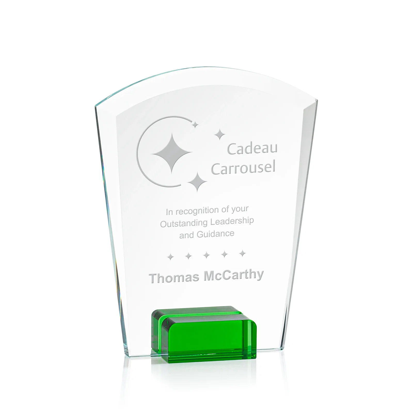 Personalized Starfire Crystal Award Propped Between Two Colored Crystal Blocks, awards for service anniversary gifts
