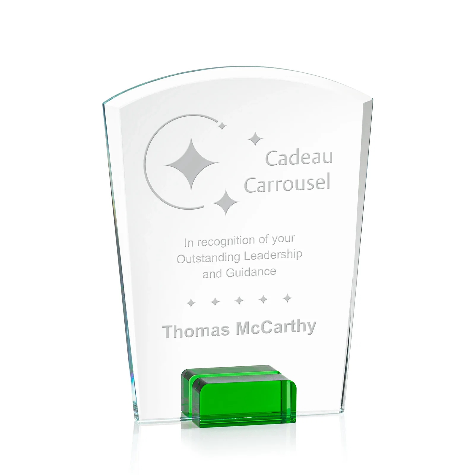 Personalized Starfire Crystal Award Propped Between Two Colored Crystal Blocks, awards for sales achievement awards