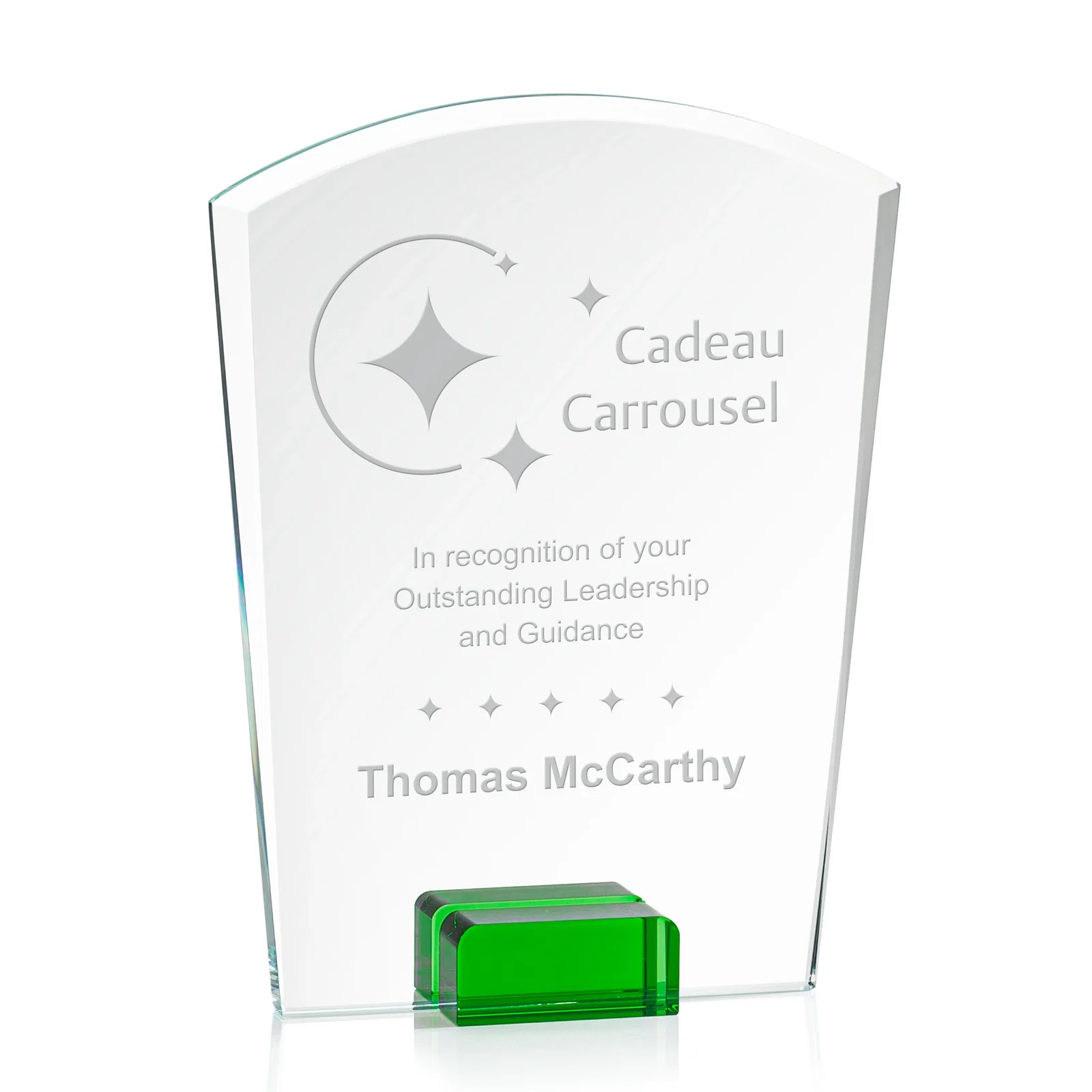 Personalized Starfire Crystal Award Propped Between Two Colored Crystal Blocks, awards for retirement presentations