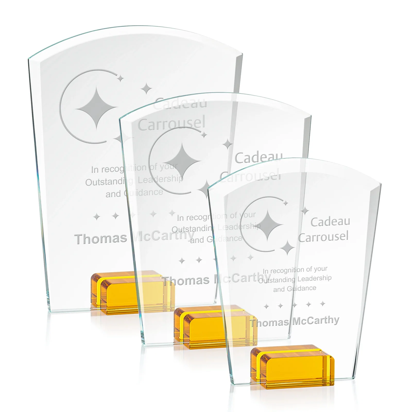 Personalized Starfire Crystal Award Propped Between Two Colored Crystal Blocks, awards for team milestone celebrations