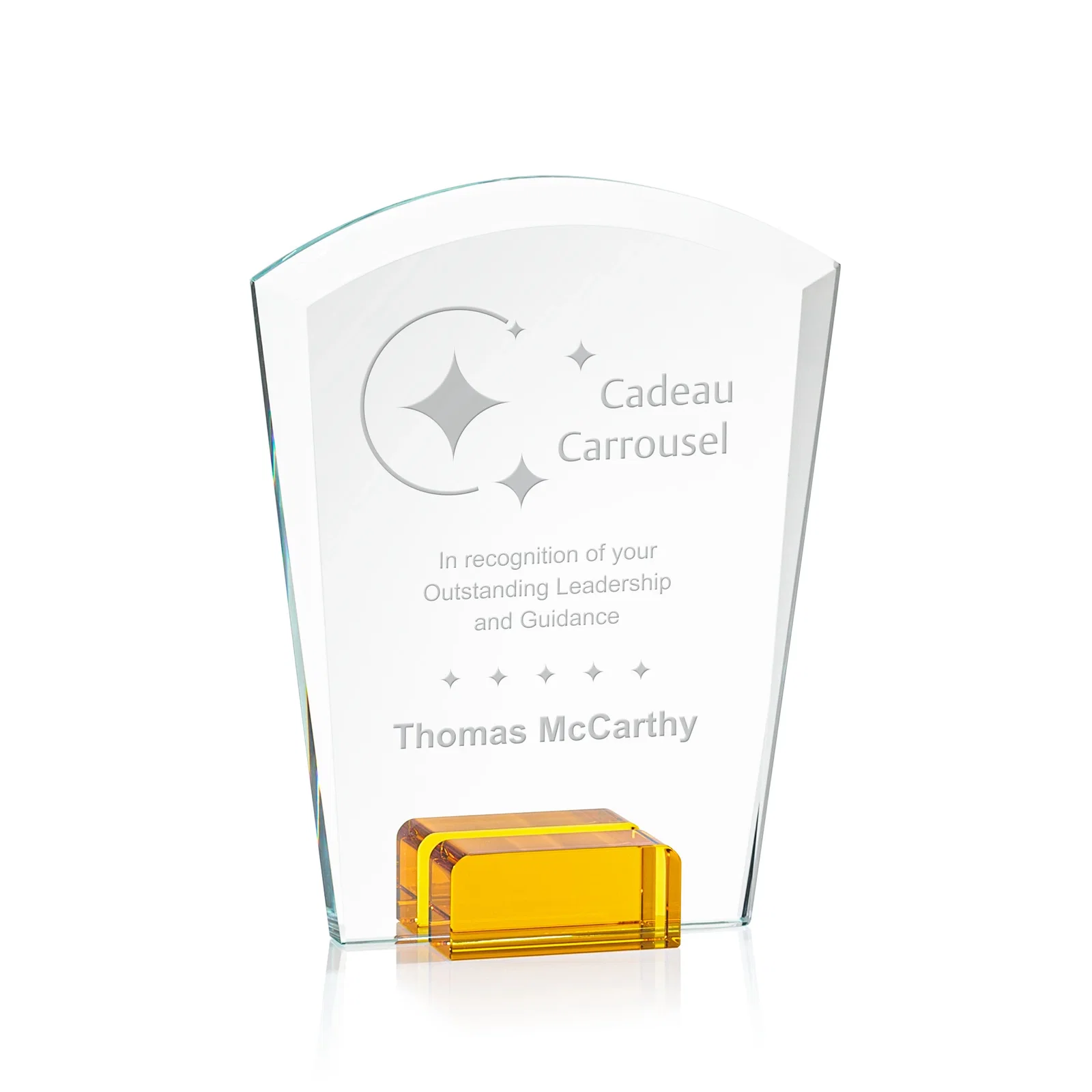 Personalized Starfire Crystal Award Propped Between Two Colored Crystal Blocks, awards for donor appreciation