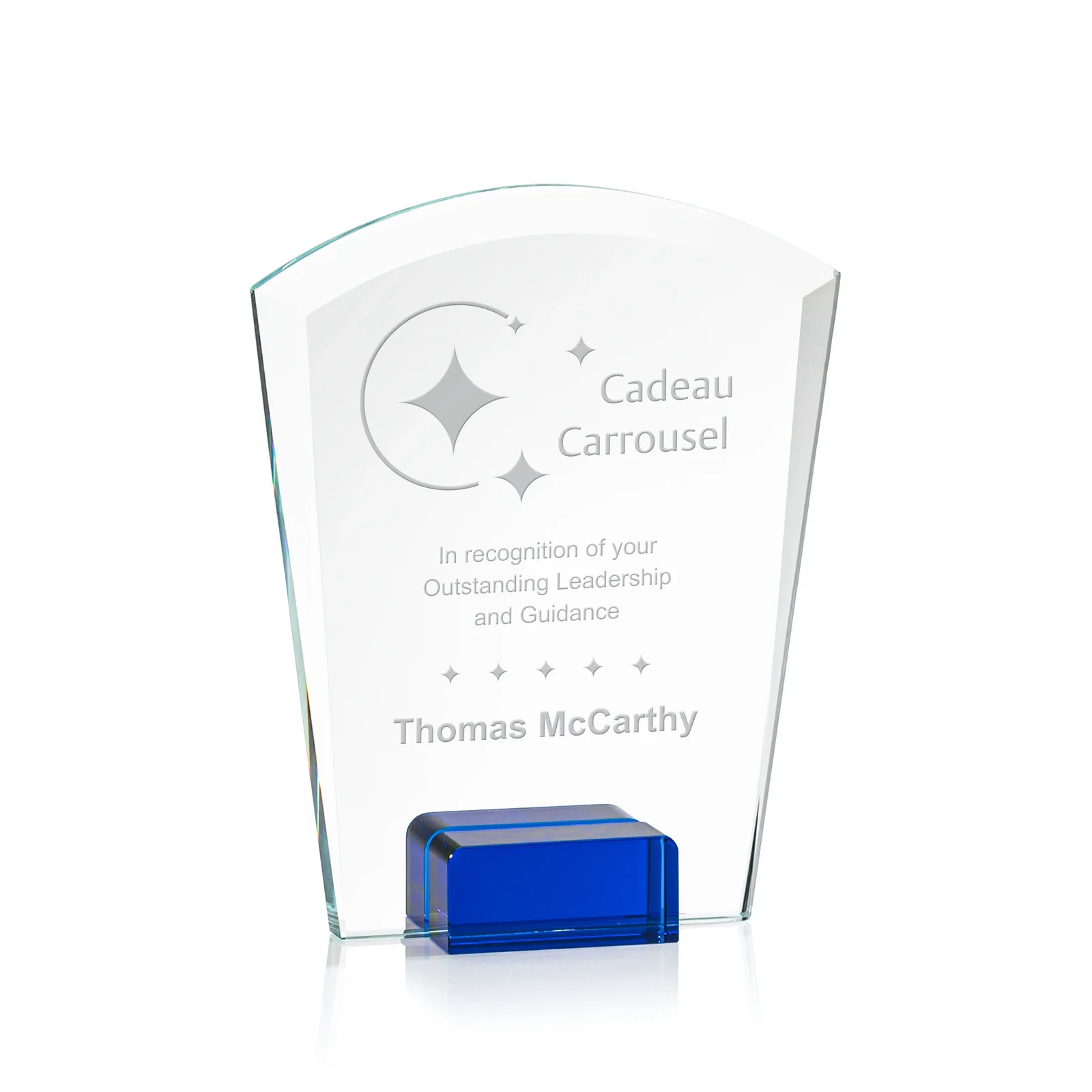 Custom Starfire Crystal Award Propped Between Two Colored Crystal Blocks, awards for corporate award ceremonies