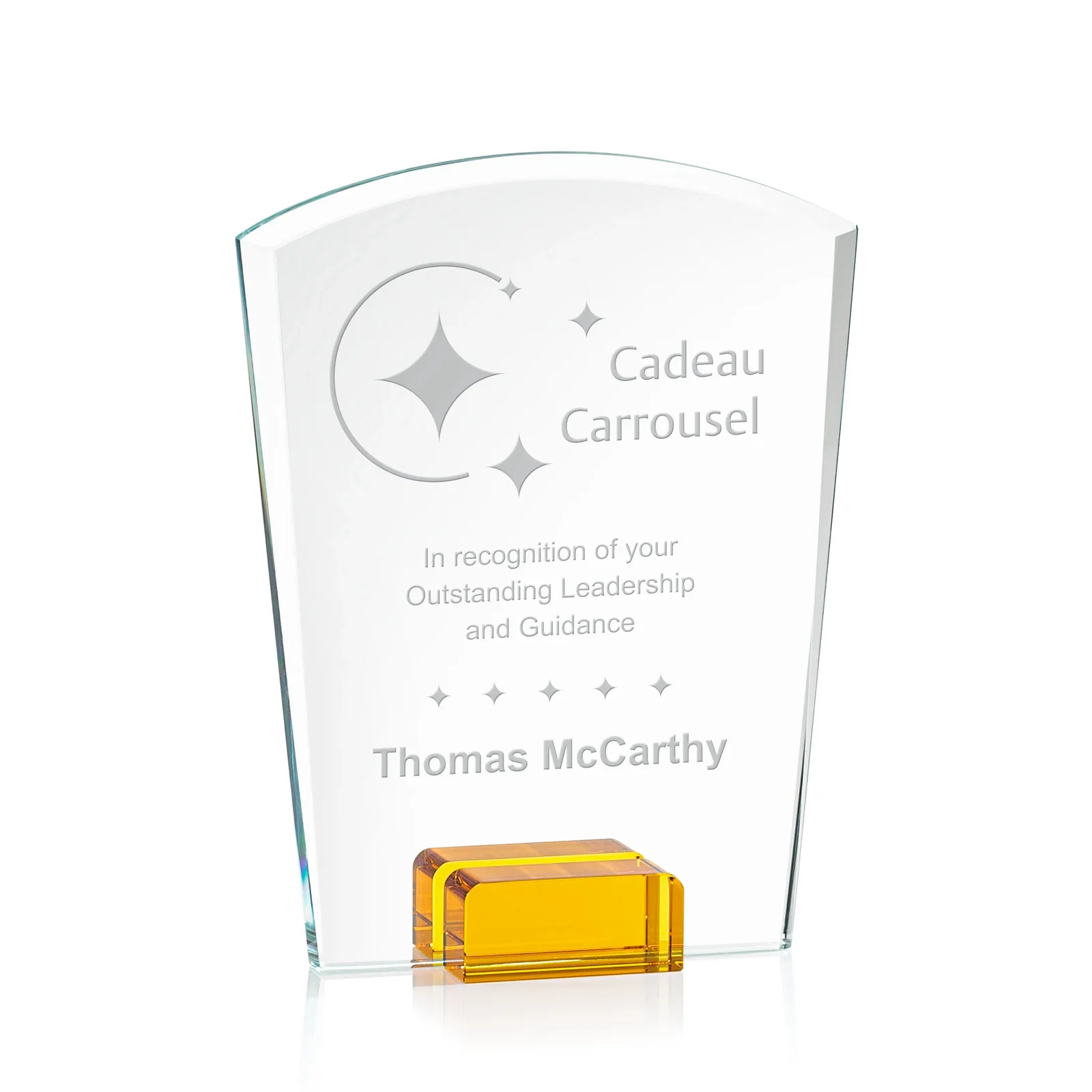 Personalized Starfire Crystal Award Propped Between Two Colored Crystal Blocks, awards for graduation ceremonies