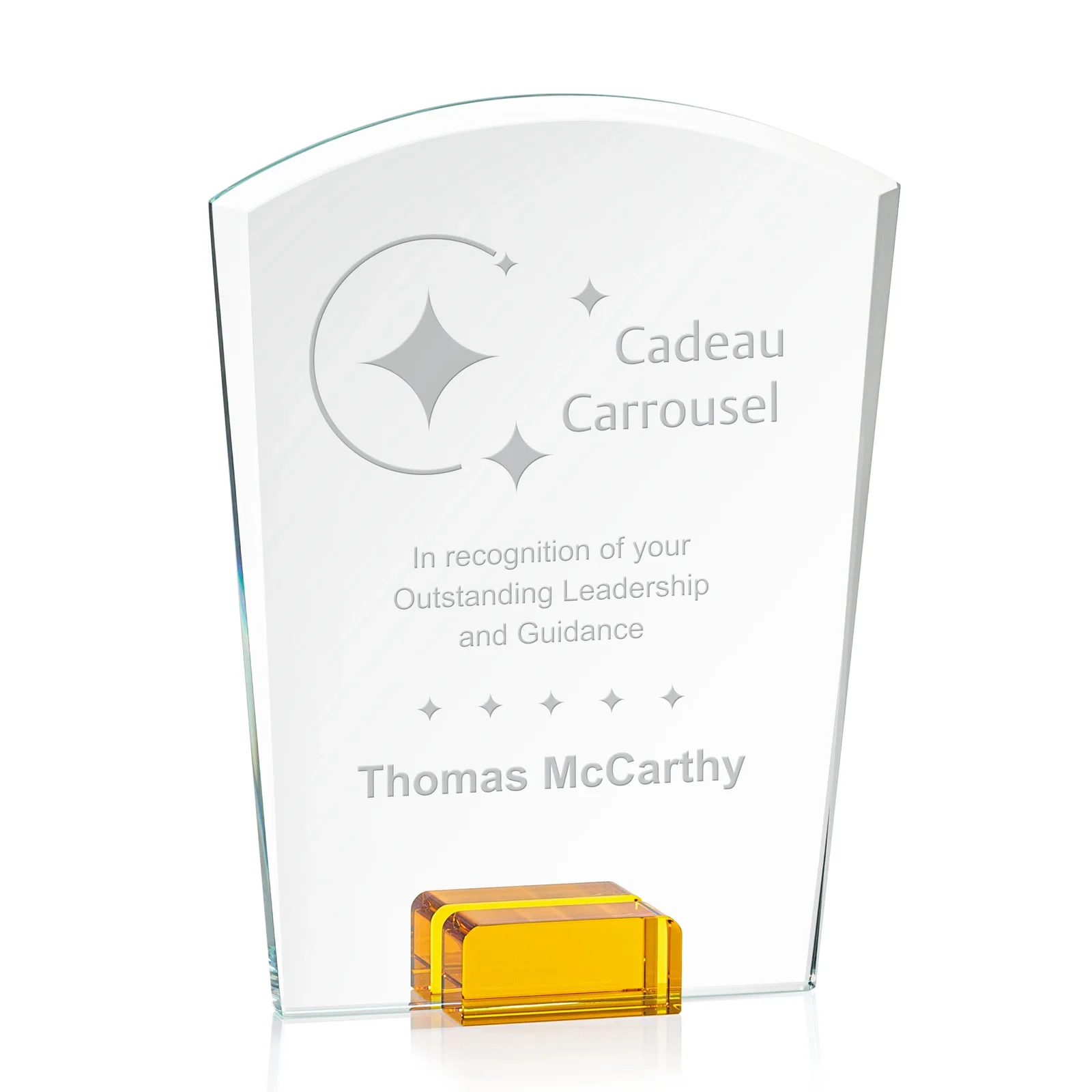 Personalized Starfire Crystal Award Propped Between Two Colored Crystal Blocks, awards for safety achievement programs