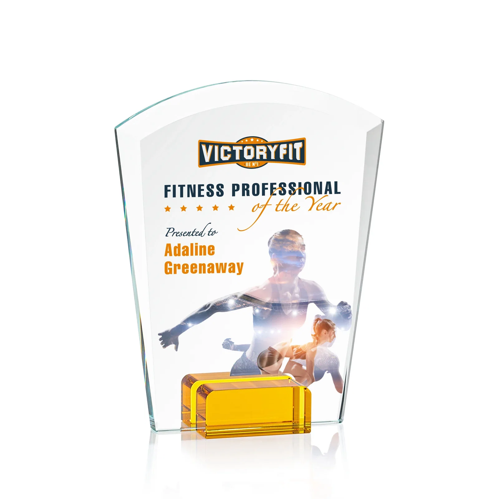 Personalized Starfire Crystal Award Propped Between Two Colored Crystal Blocks, awards for dealer and partner awards