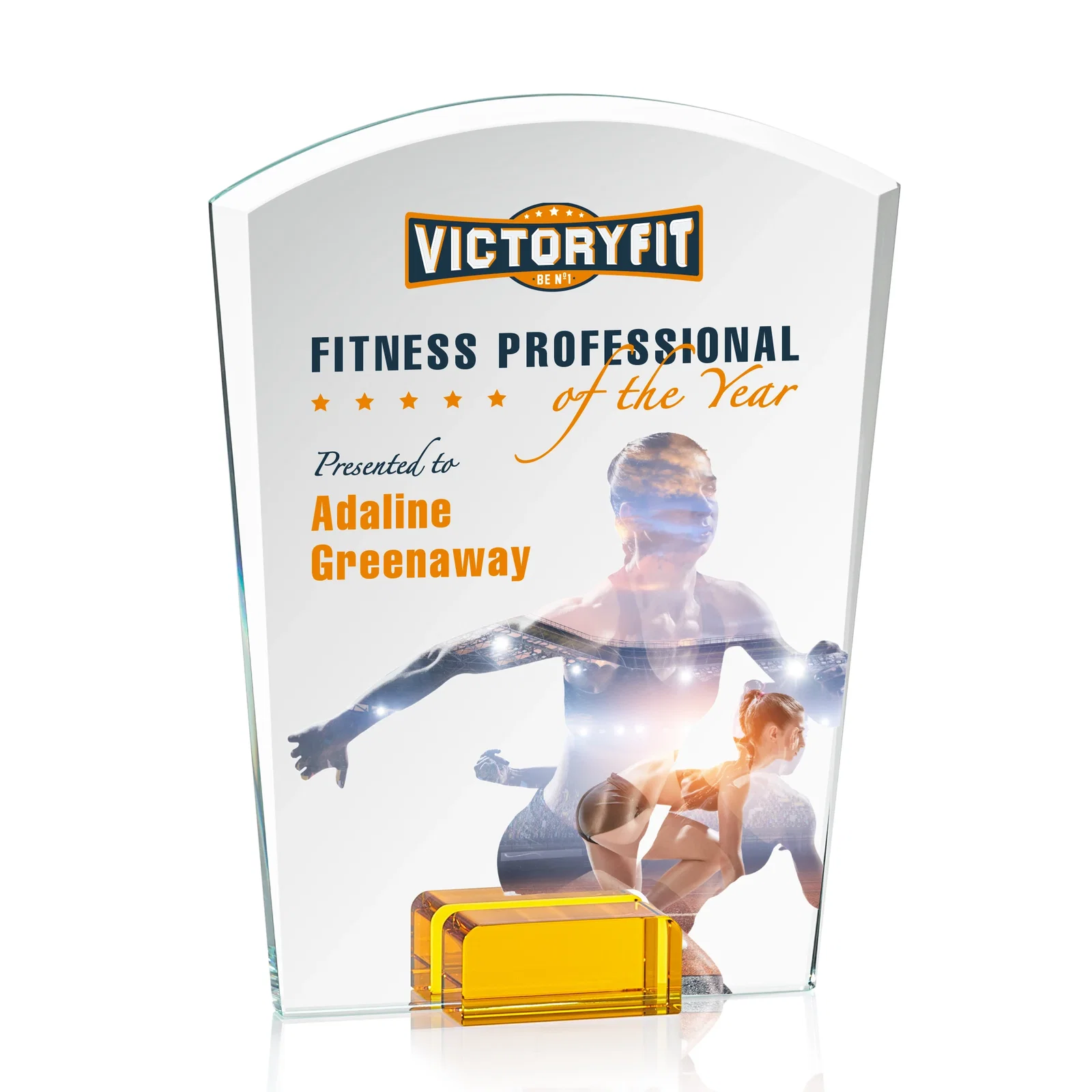 Promotional Starfire Crystal Award Propped Between Two Colored Crystal Blocks, awards for employee recognition