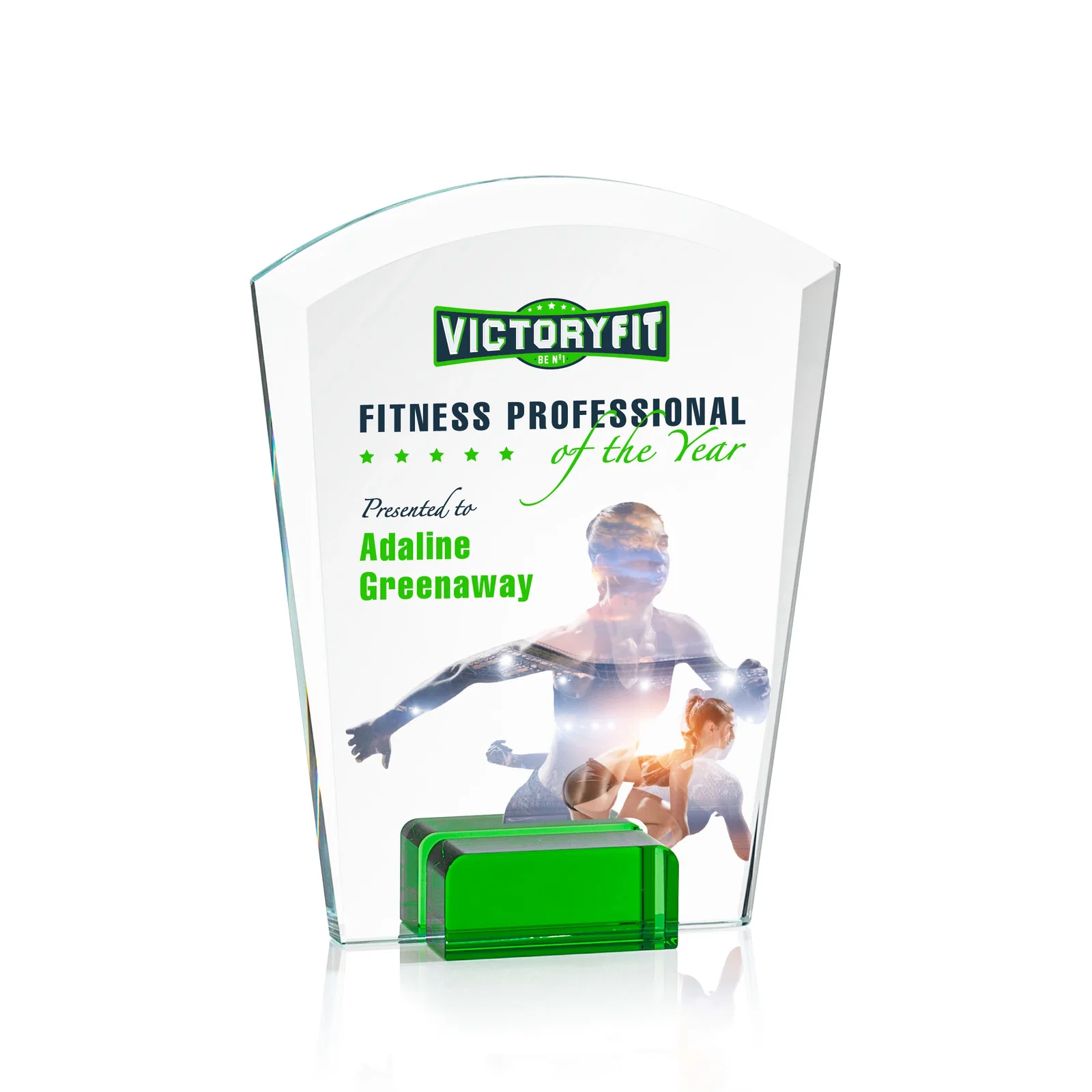 Promotional Starfire Crystal Award Propped Between Two Colored Crystal Blocks, awards for service anniversary gifts