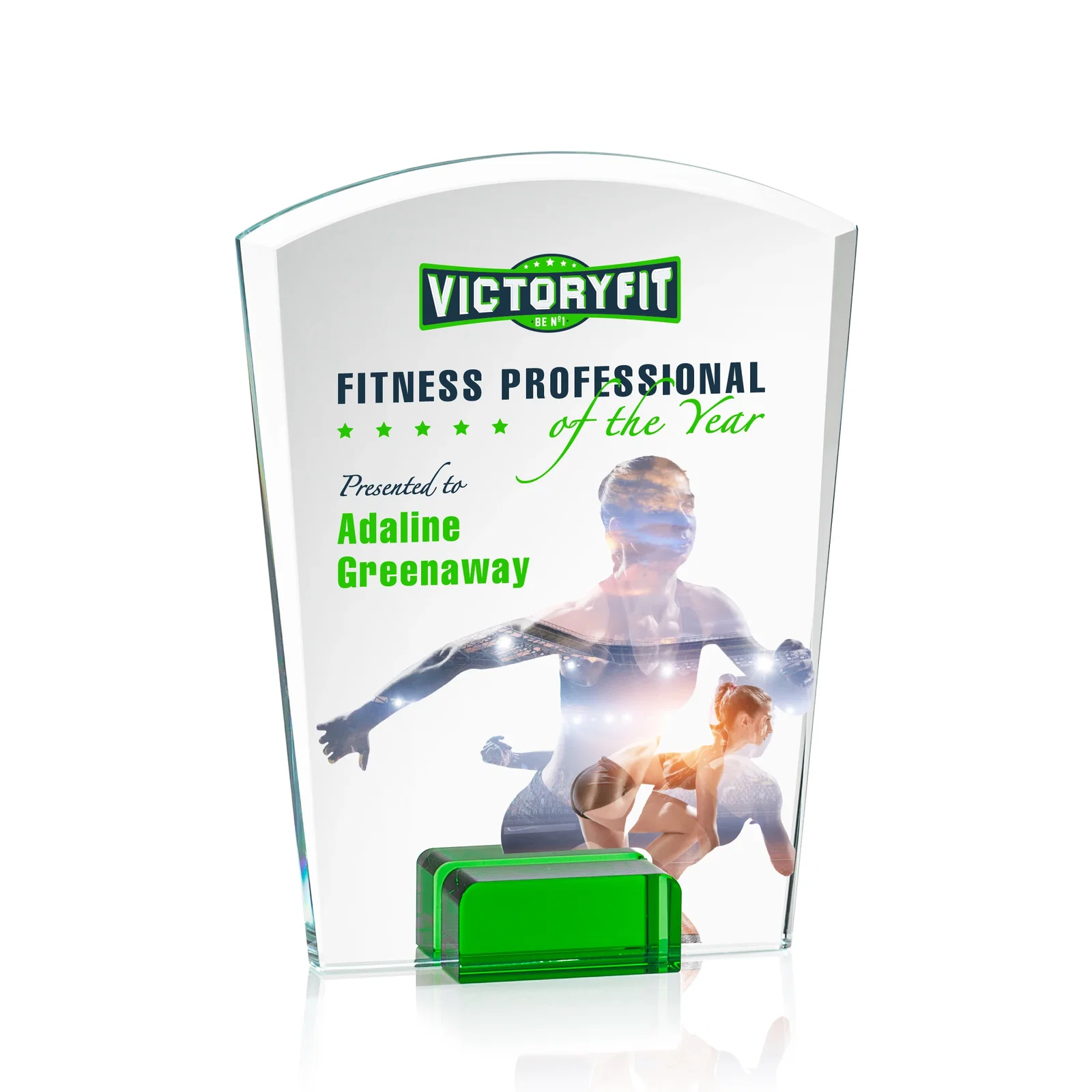 Promotional Starfire Crystal Award Propped Between Two Colored Crystal Blocks, awards for sales achievement awards