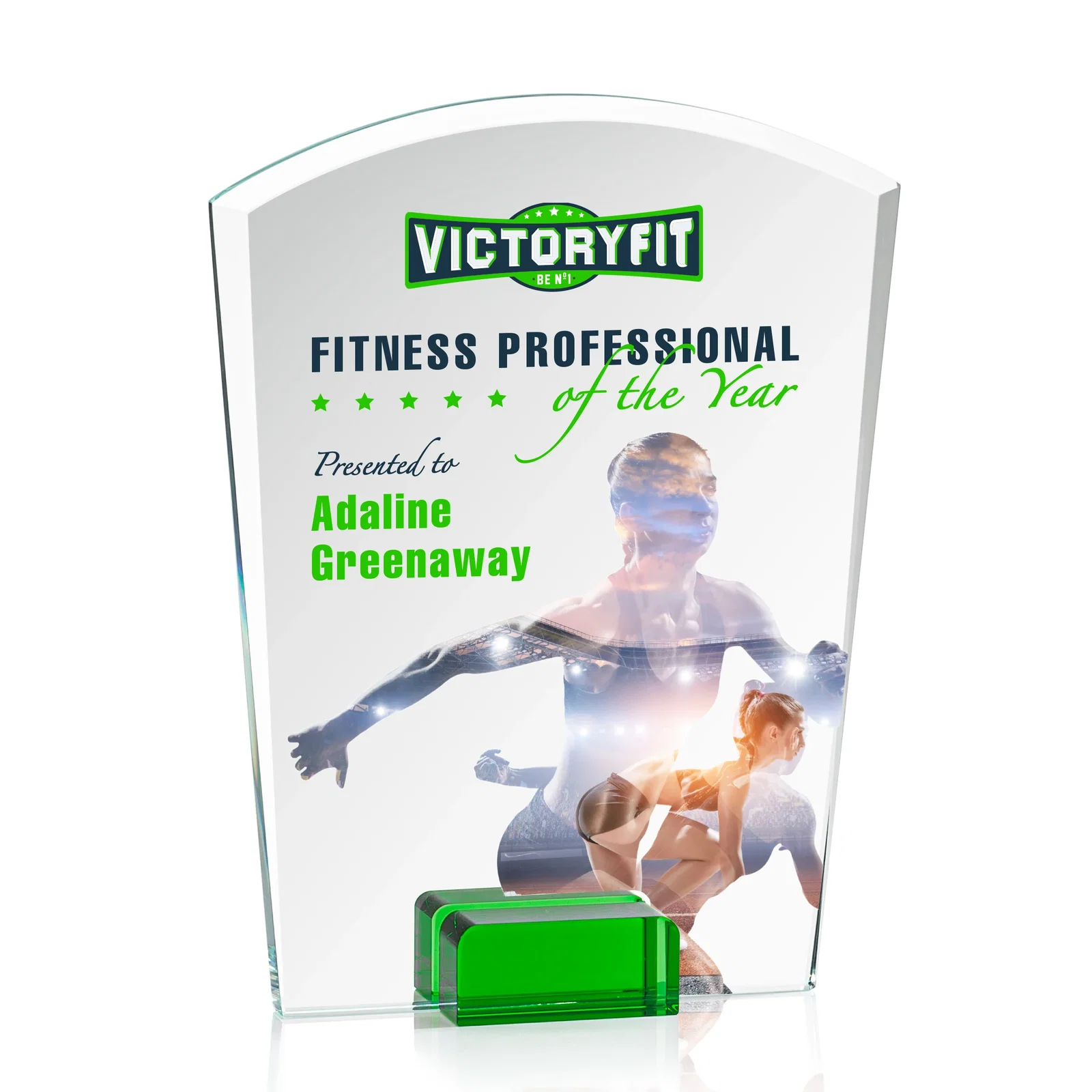 Promotional Starfire Crystal Award Propped Between Two Colored Crystal Blocks, awards for retirement presentations