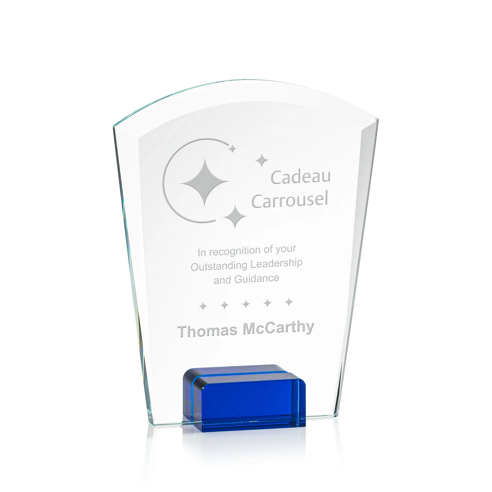 Custom Starfire Crystal Award Propped Between Two Colored Crystal Blocks, awards for service anniversary gifts