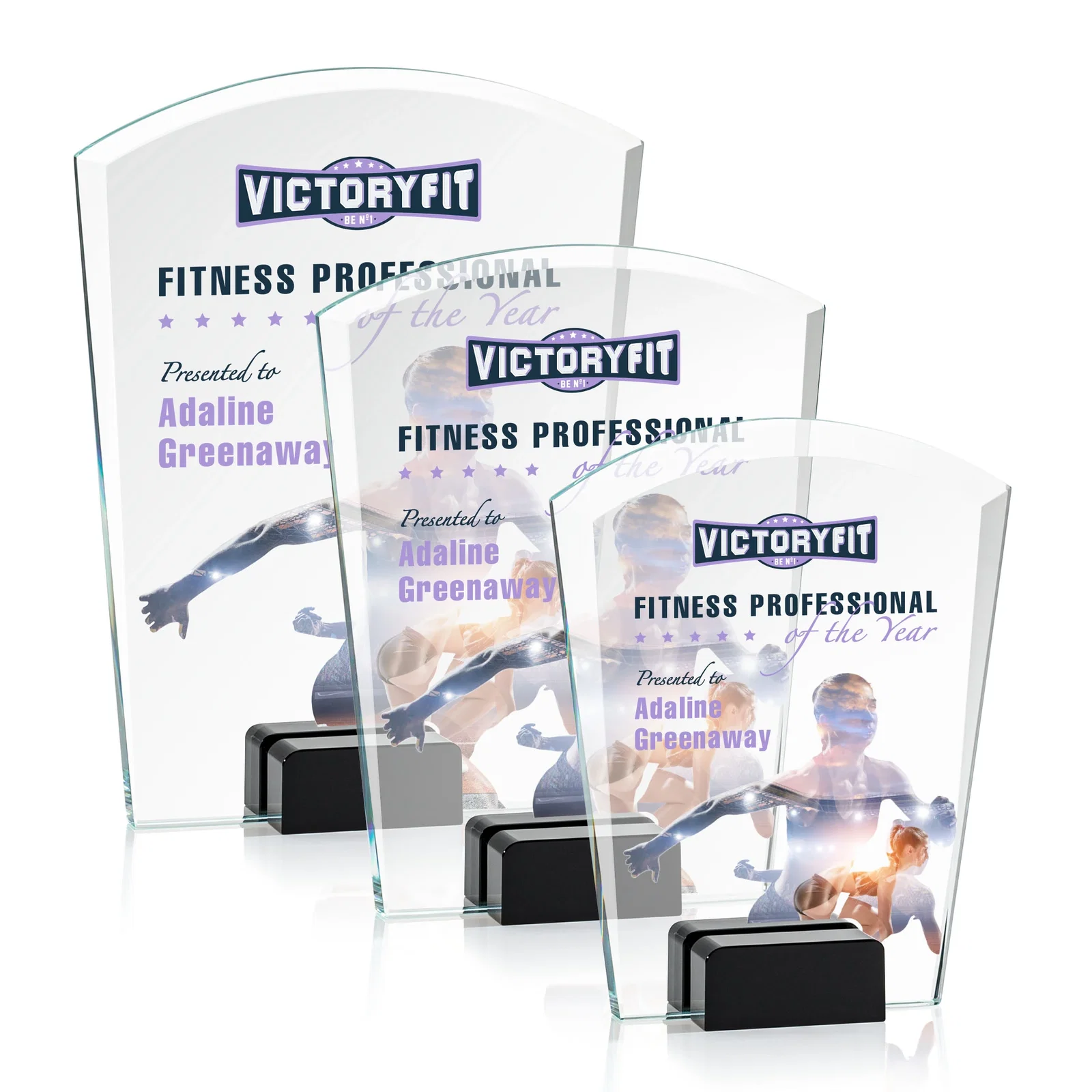 Promotional Starfire Crystal Award Propped Between Two Colored Crystal Blocks, awards for team milestone celebrations