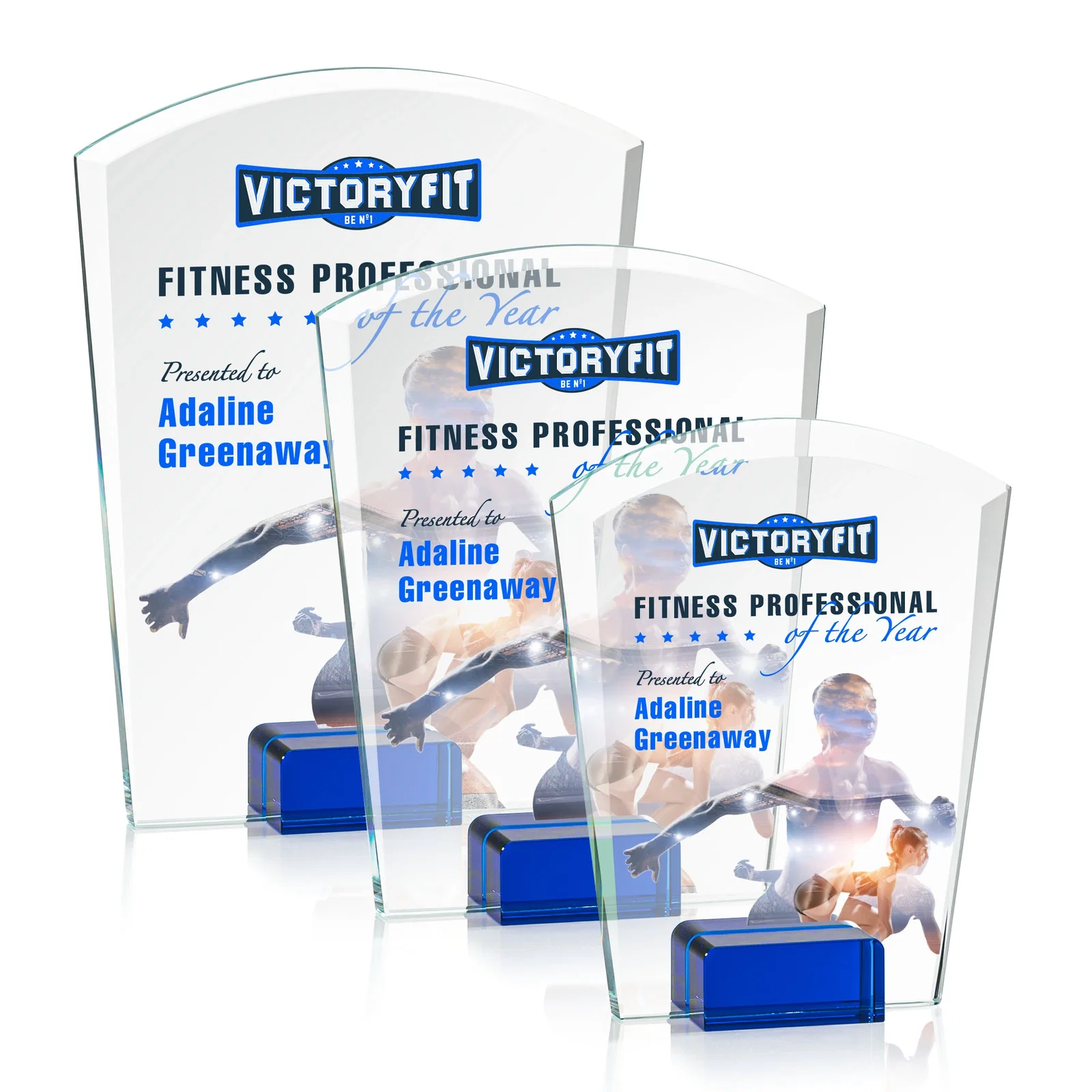 Promotional Starfire Crystal Award Propped Between Two Colored Crystal Blocks, awards for volunteer appreciation