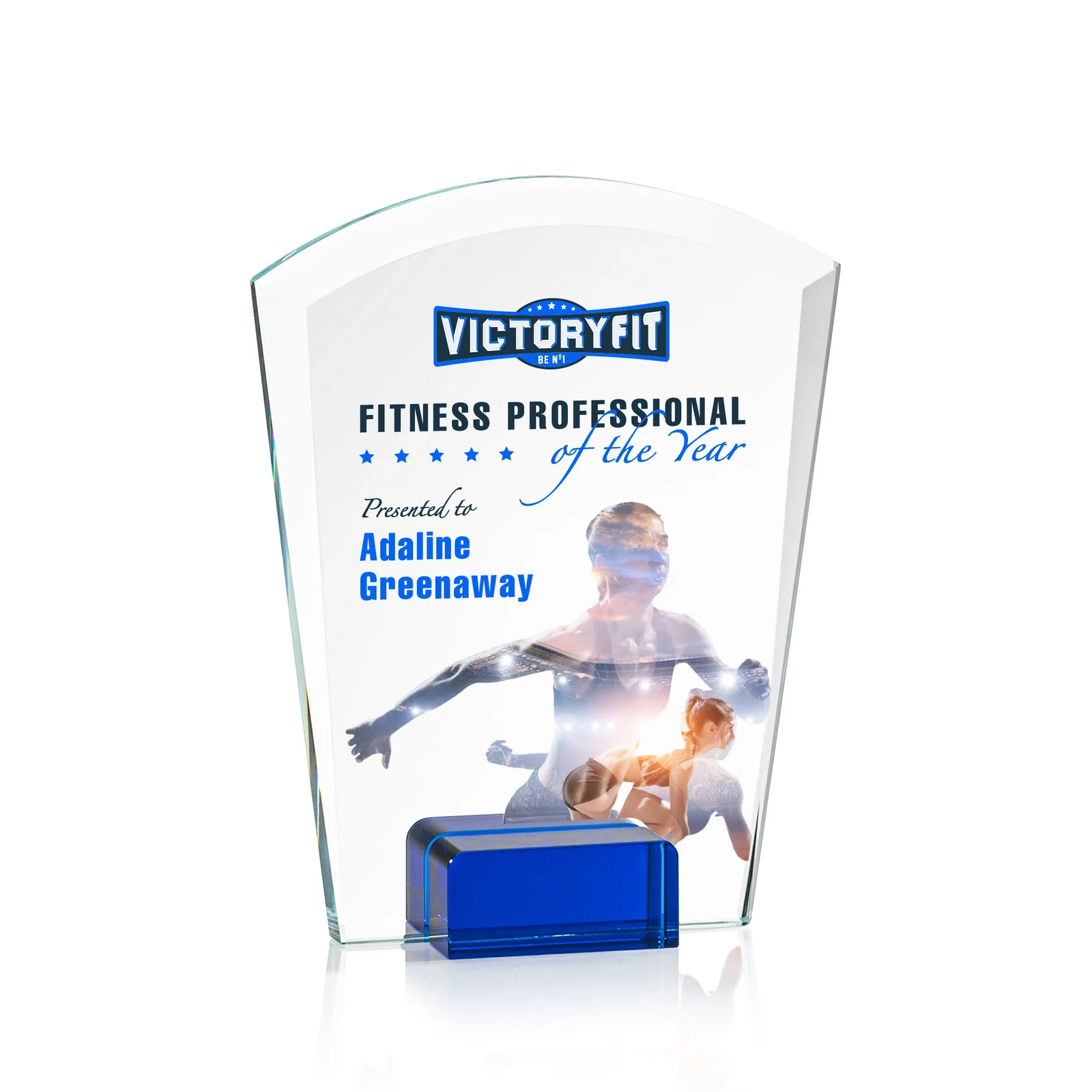 Promotional Starfire Crystal Award Propped Between Two Colored Crystal Blocks, awards for dealer and partner awards