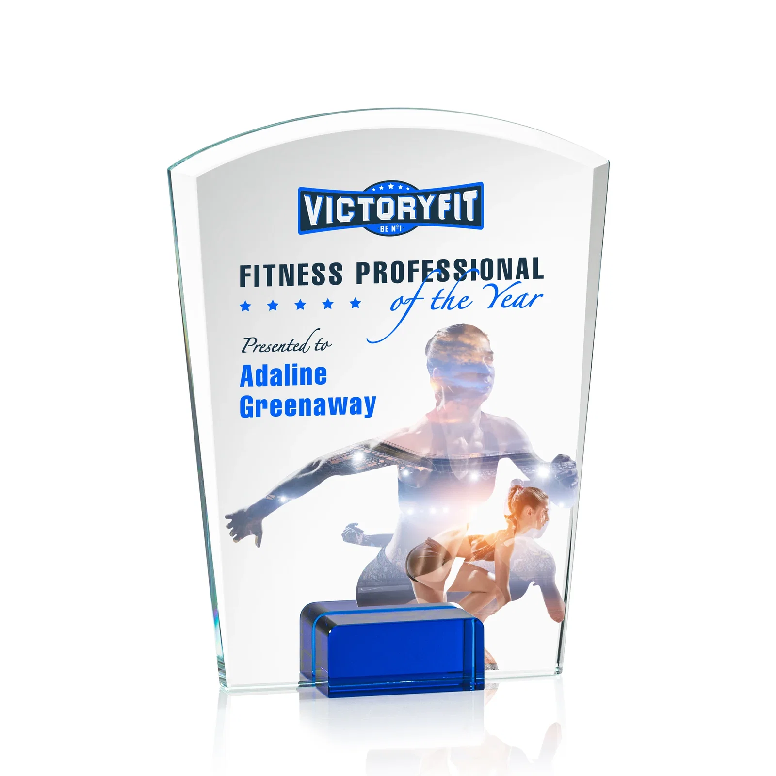 Promotional Starfire Crystal Award Propped Between Two Colored Crystal Blocks, awards for company anniversary events