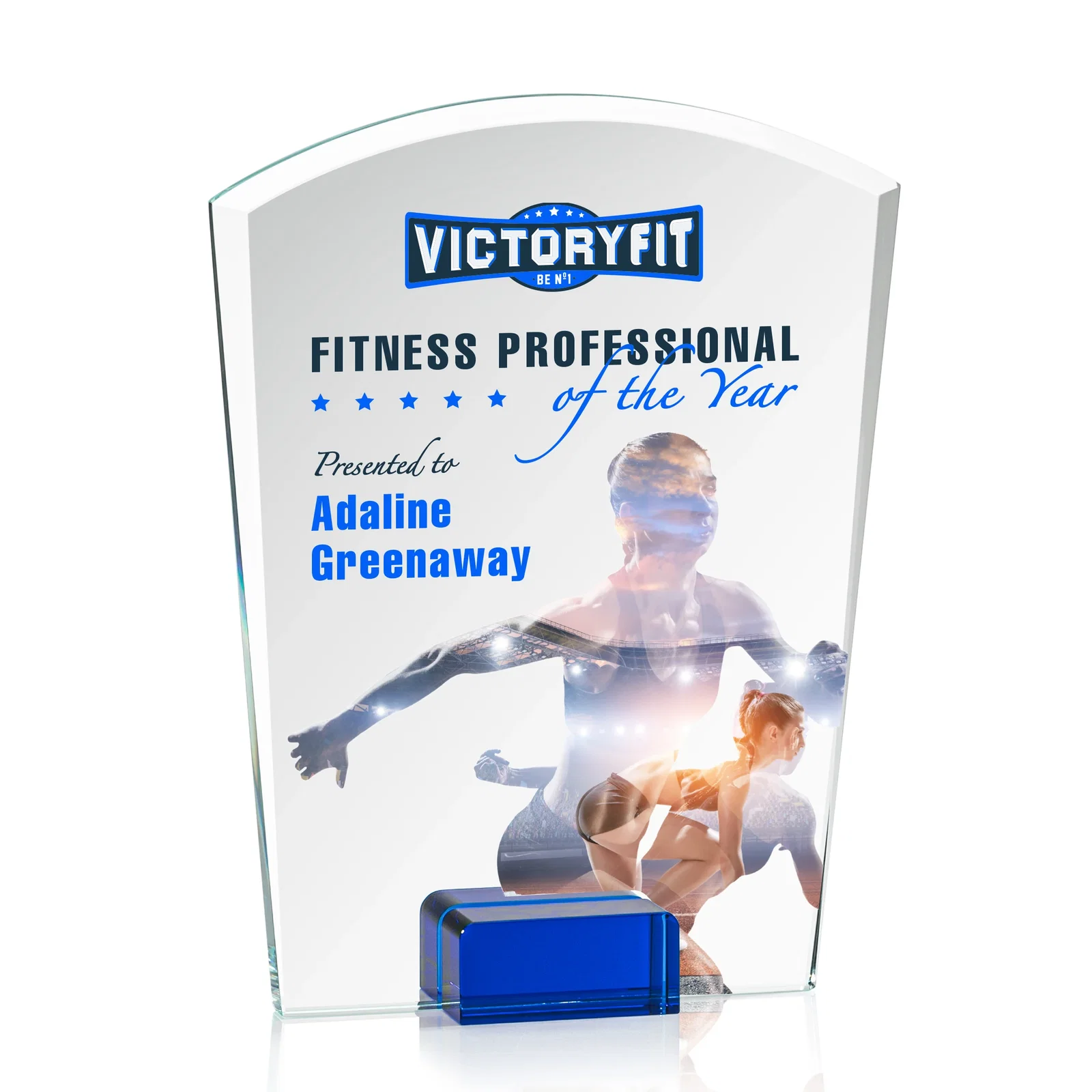 Branded Starfire Crystal Award Propped Between Two Colored Crystal Blocks, awards for employee recognition
