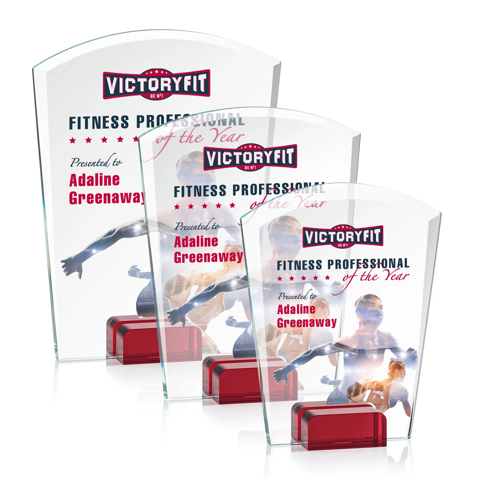 Branded Starfire Crystal Award Propped Between Two Colored Crystal Blocks, awards for corporate award ceremonies