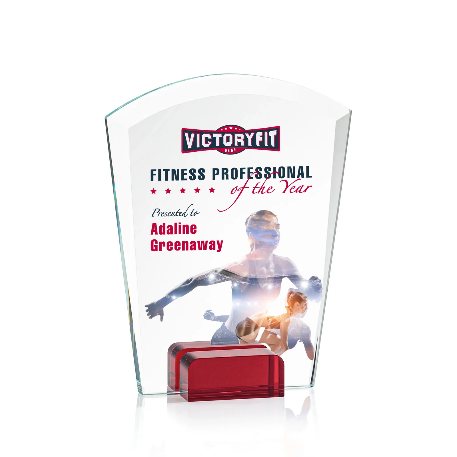 Branded Starfire Crystal Award Propped Between Two Colored Crystal Blocks, awards for service anniversary gifts
