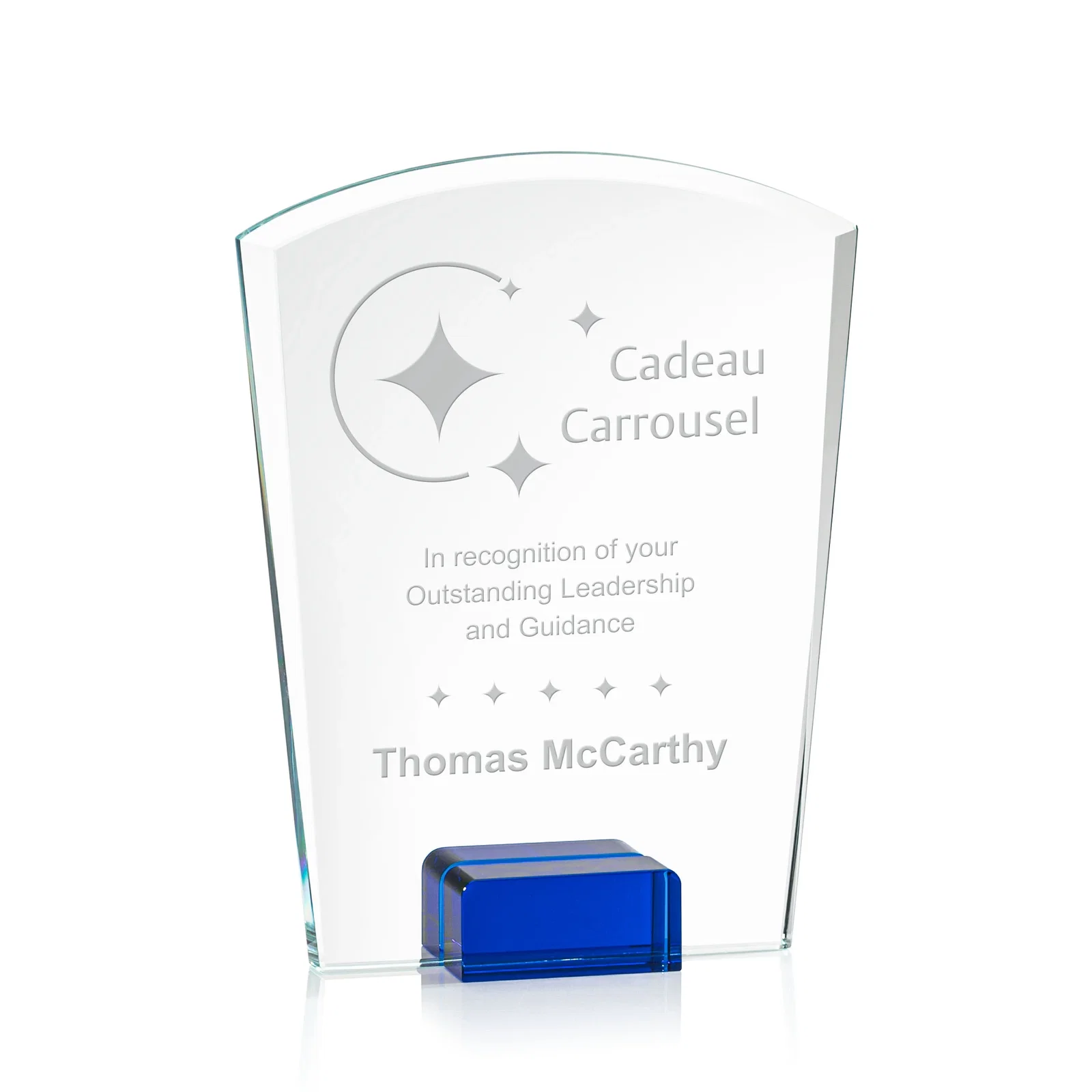 Custom Starfire Crystal Award Propped Between Two Colored Crystal Blocks, awards for sales achievement awards