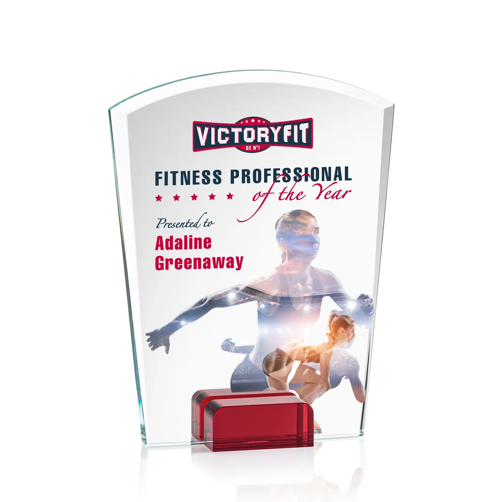 Branded Starfire Crystal Award Propped Between Two Colored Crystal Blocks, awards for sales achievement awards