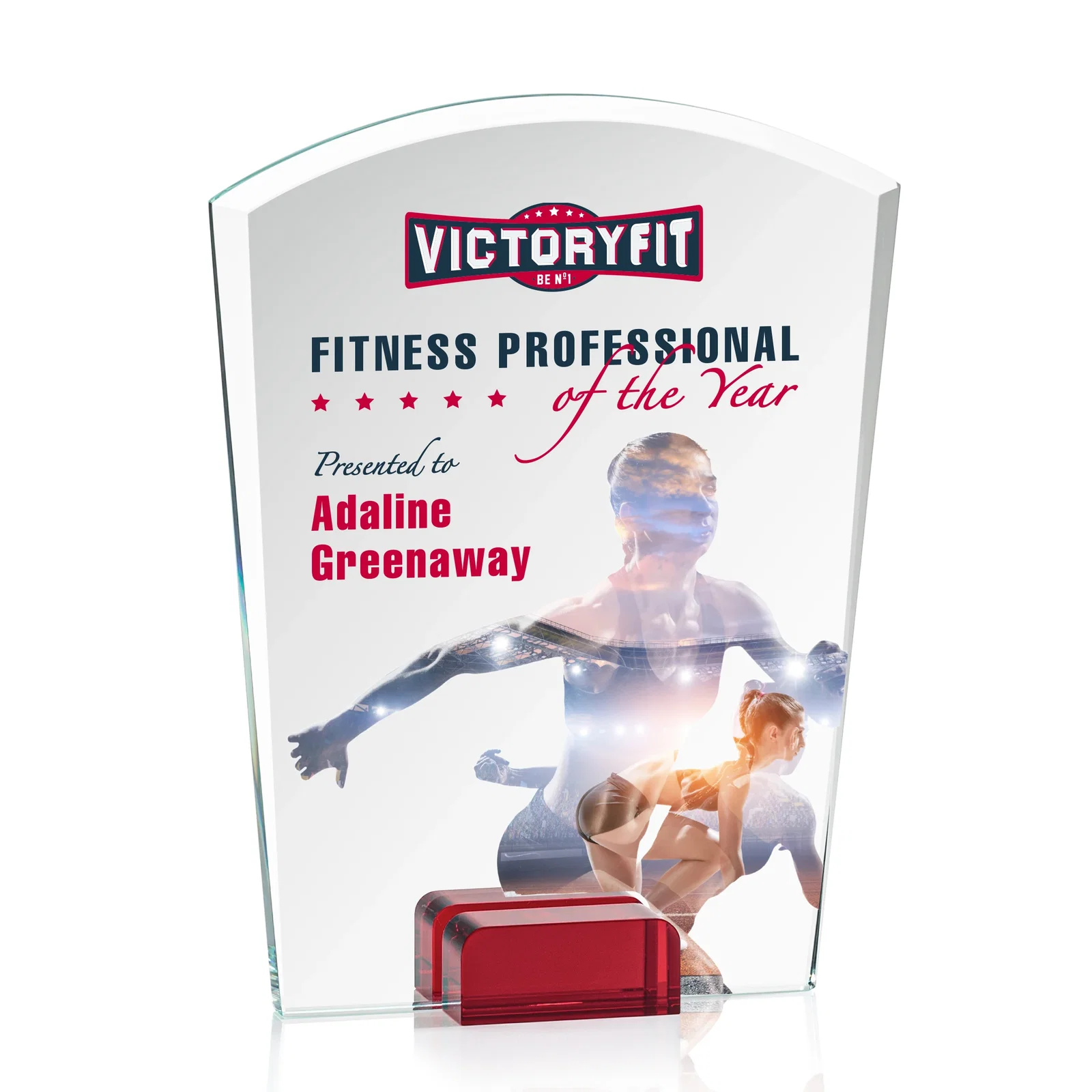 Branded Starfire Crystal Award Propped Between Two Colored Crystal Blocks, awards for retirement presentations