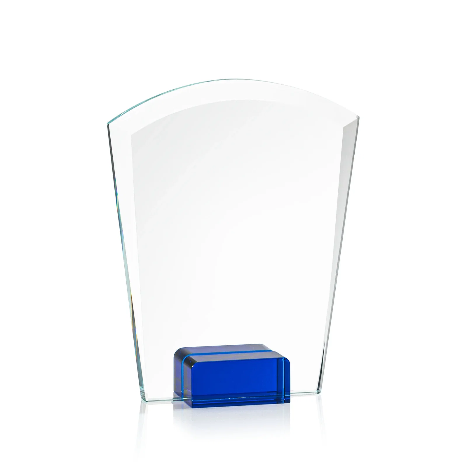 Branded Starfire Crystal Award Propped Between Two Colored Crystal Blocks, awards for team milestone celebrations