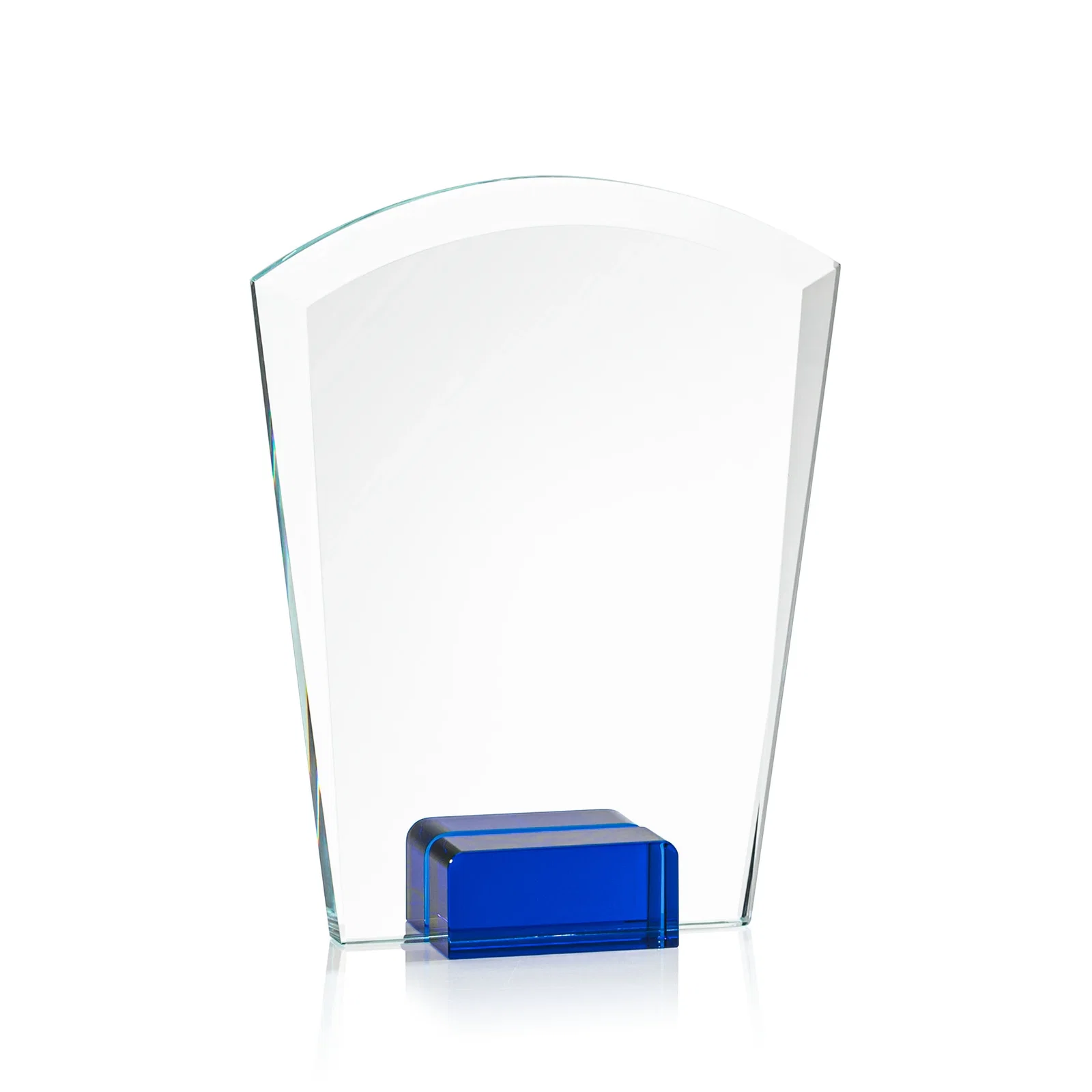 Branded Starfire Crystal Award Propped Between Two Colored Crystal Blocks, awards for donor appreciation