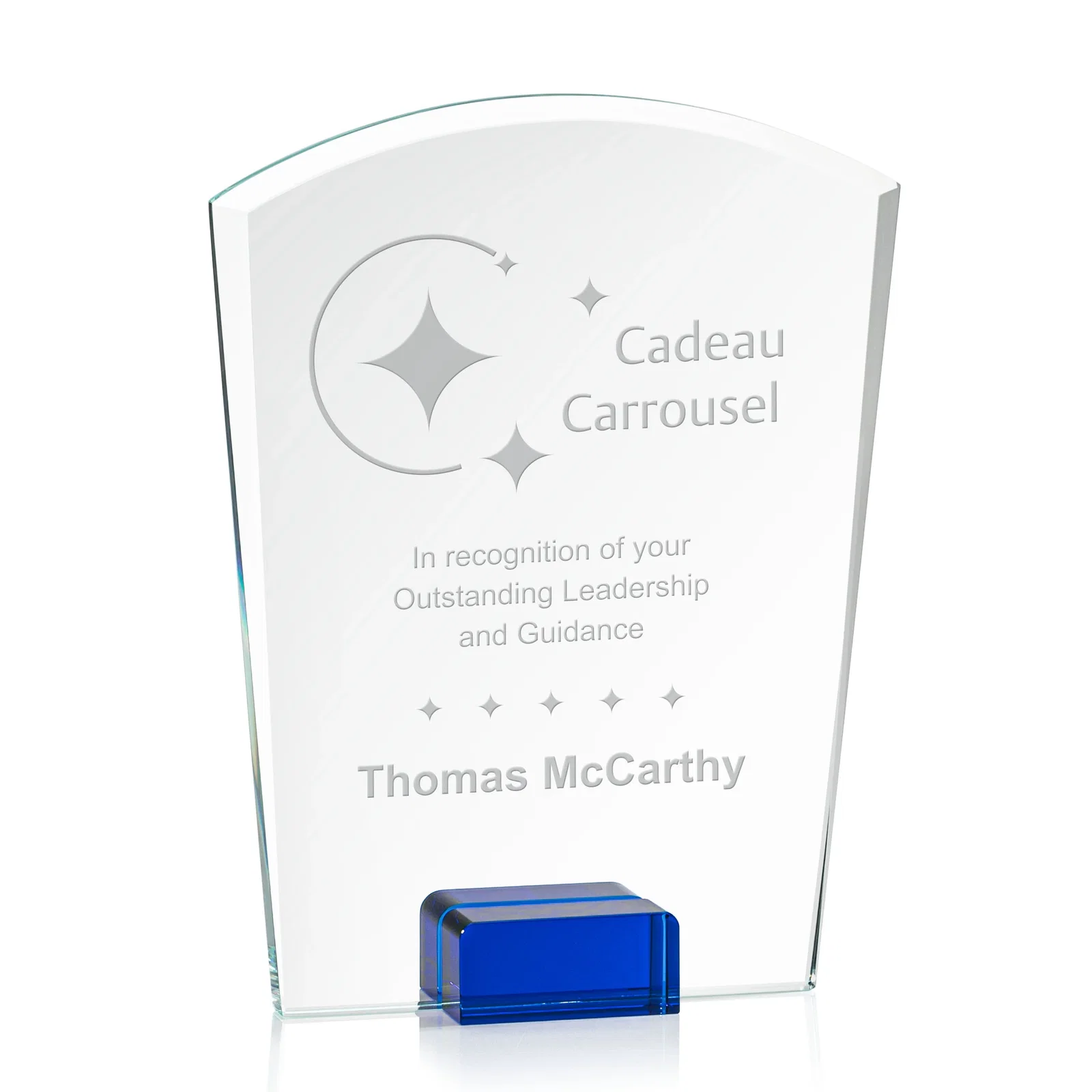 Custom Starfire Crystal Award Propped Between Two Colored Crystal Blocks, awards for retirement presentations