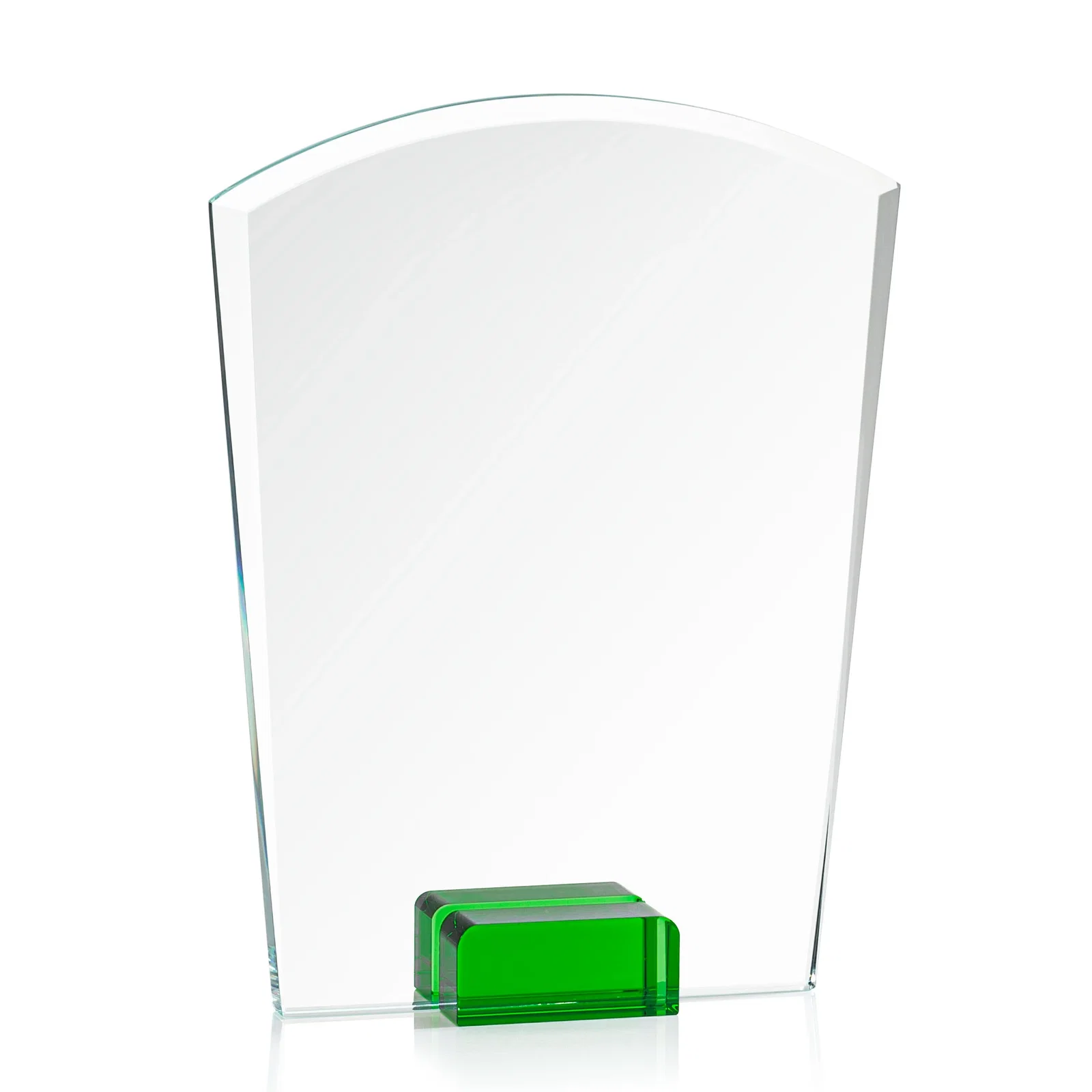 Custom printed Starfire Crystal Award Propped Between Two Colored Crystal Blocks, awards for team milestone celebrations