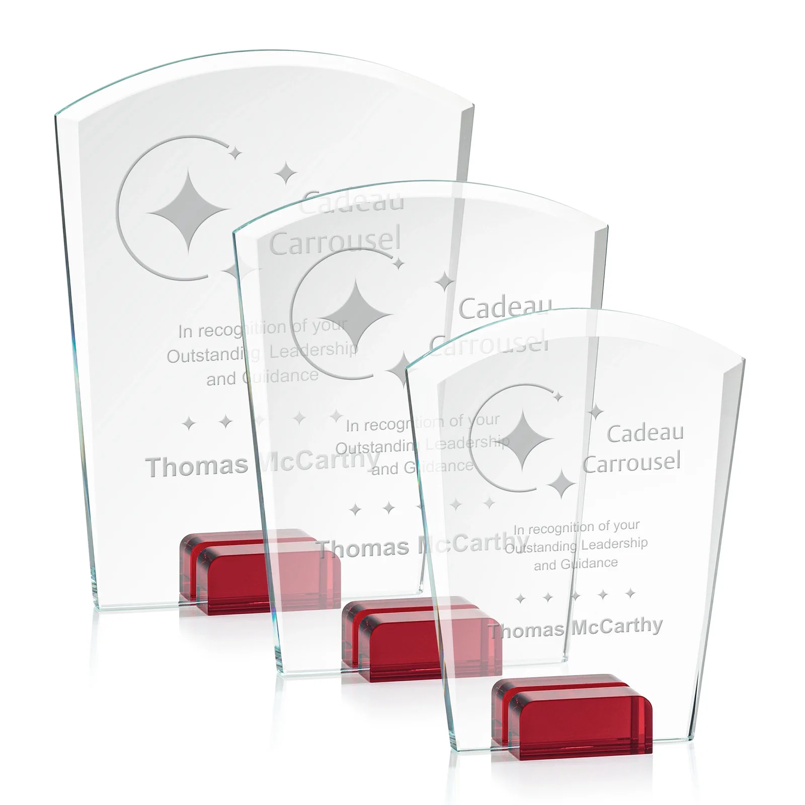 Custom Starfire Crystal Award Propped Between Two Colored Crystal Blocks, awards for team milestone celebrations