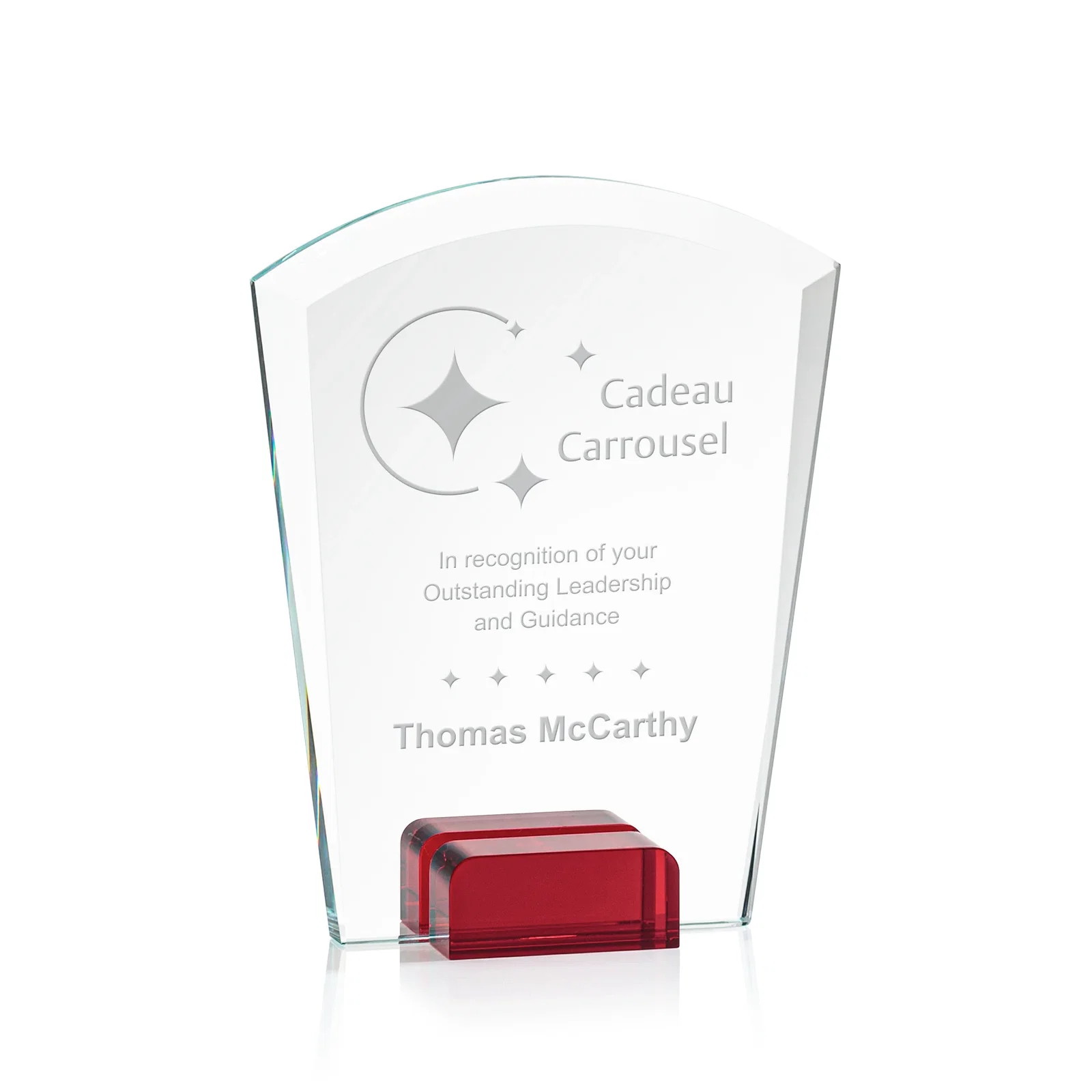 Custom Starfire Crystal Award Propped Between Two Colored Crystal Blocks, awards for donor appreciation