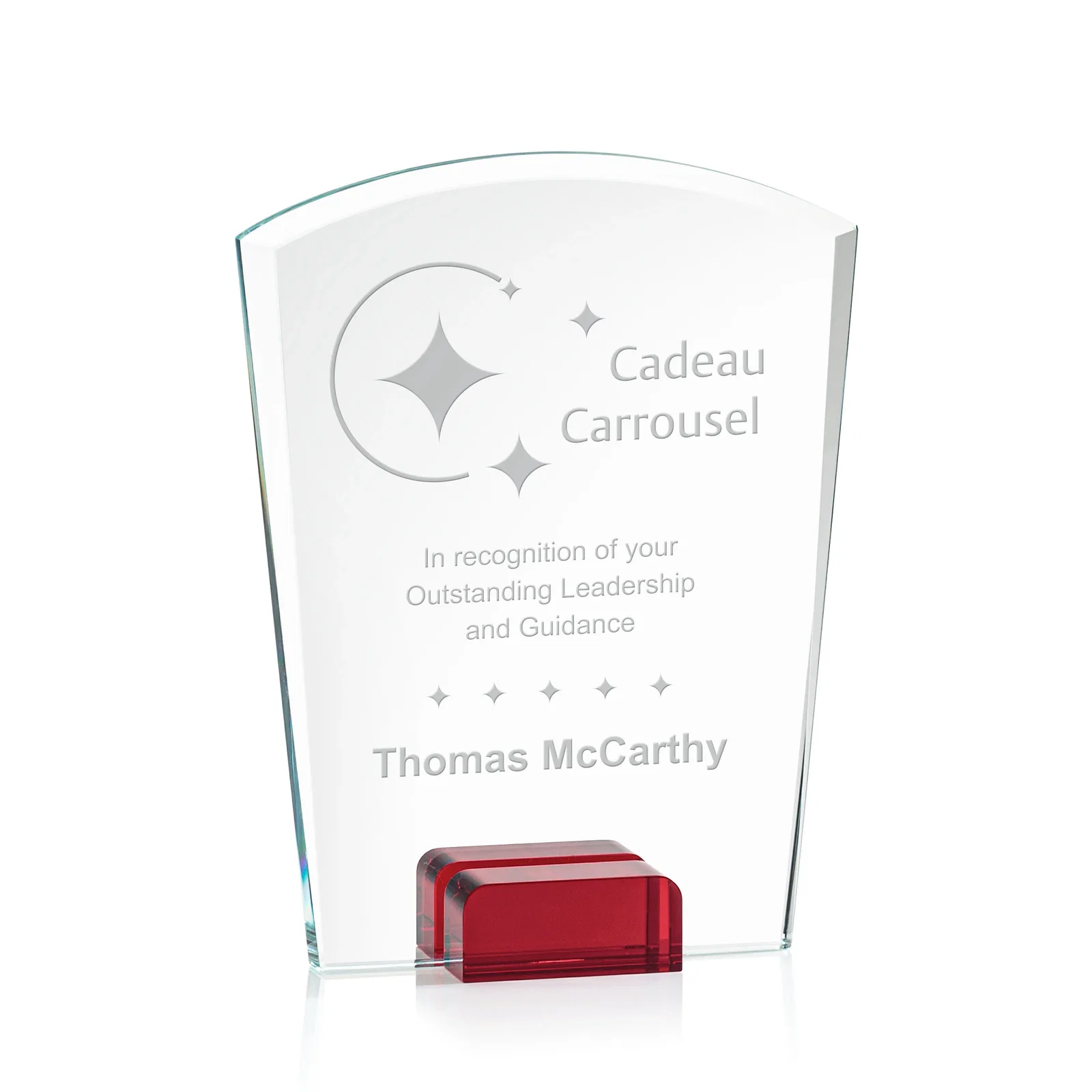 Custom Starfire Crystal Award Propped Between Two Colored Crystal Blocks, awards for graduation ceremonies