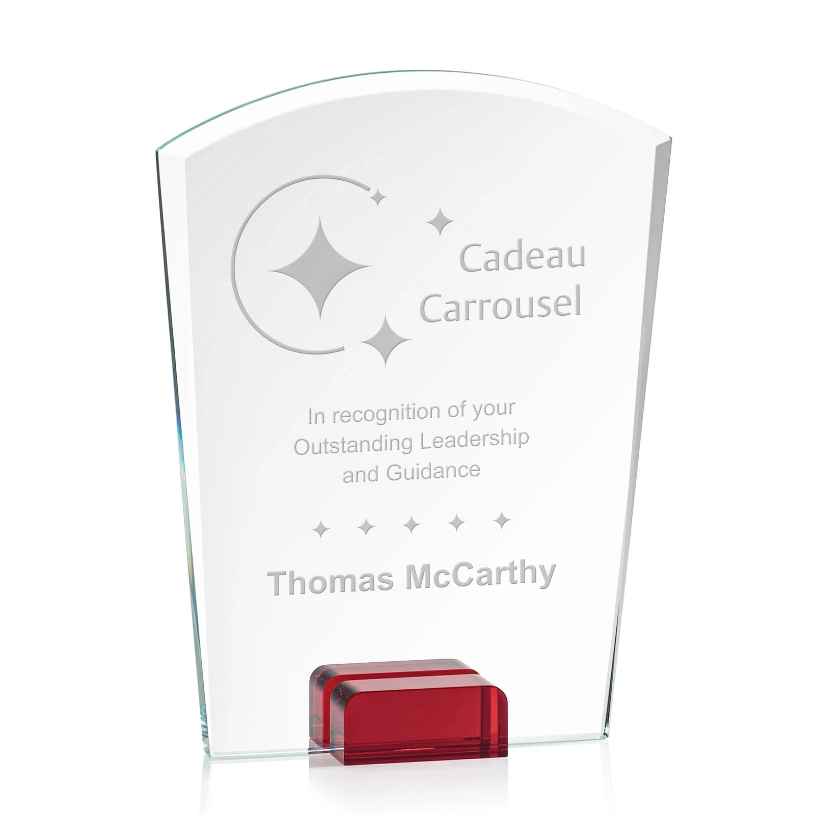 Custom Starfire Crystal Award Propped Between Two Colored Crystal Blocks, awards for safety achievement programs