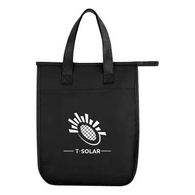 Laminated non-woven six-can cooler bag in black with handles