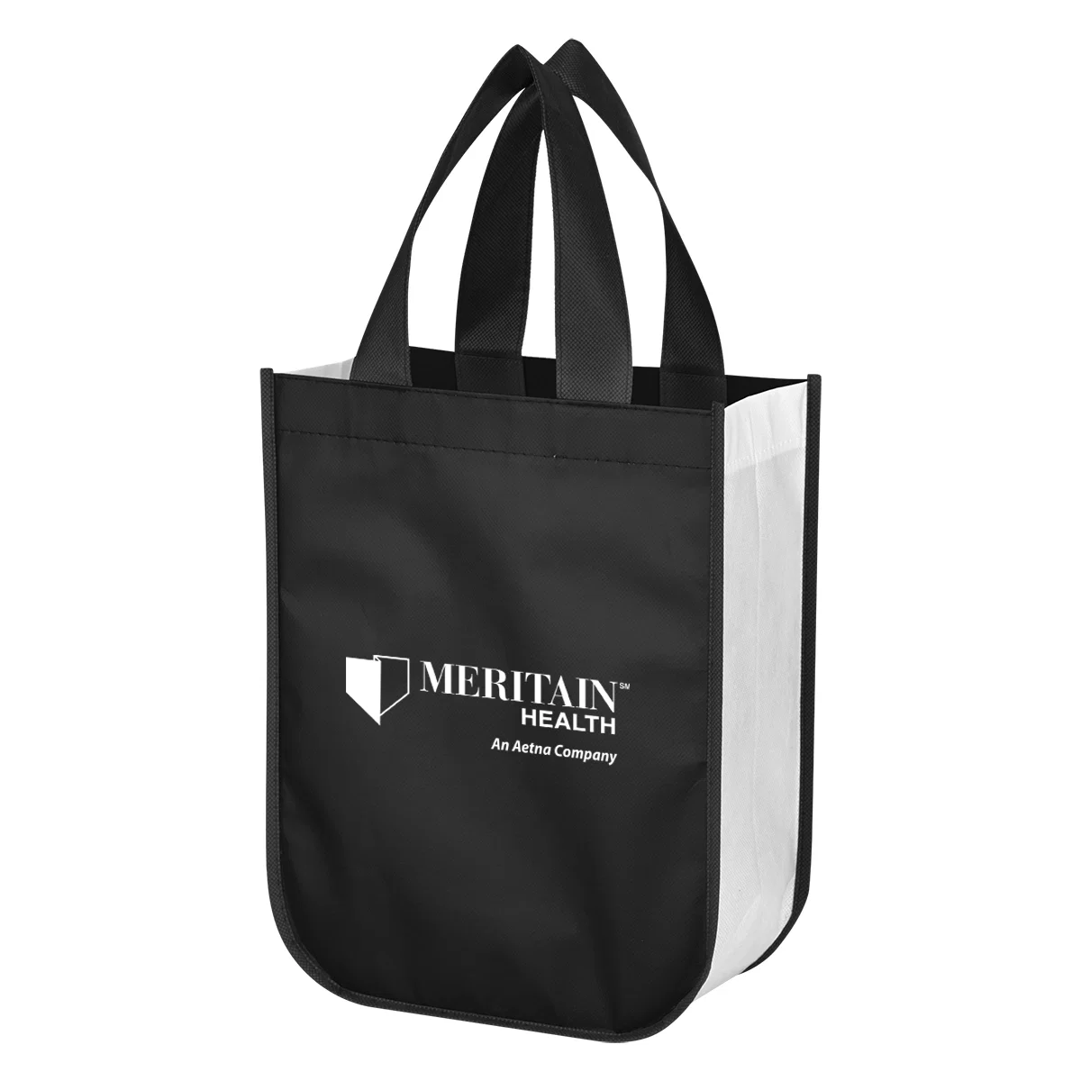 Black laminated shopper tote standing upright with handles raised