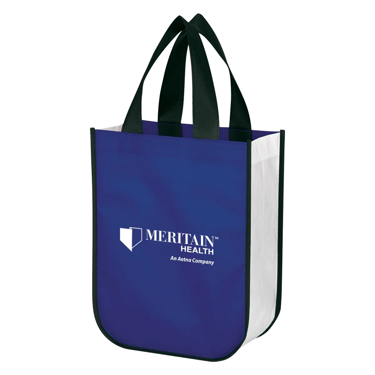 Blue non-woven bag shown from the front, handles resting flat