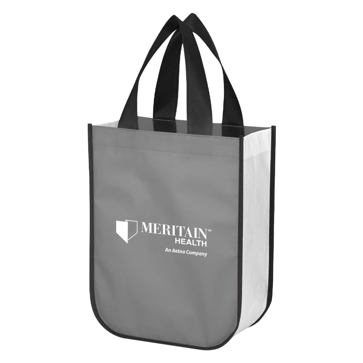 Gray tote with a laminated finish, viewed at an angle