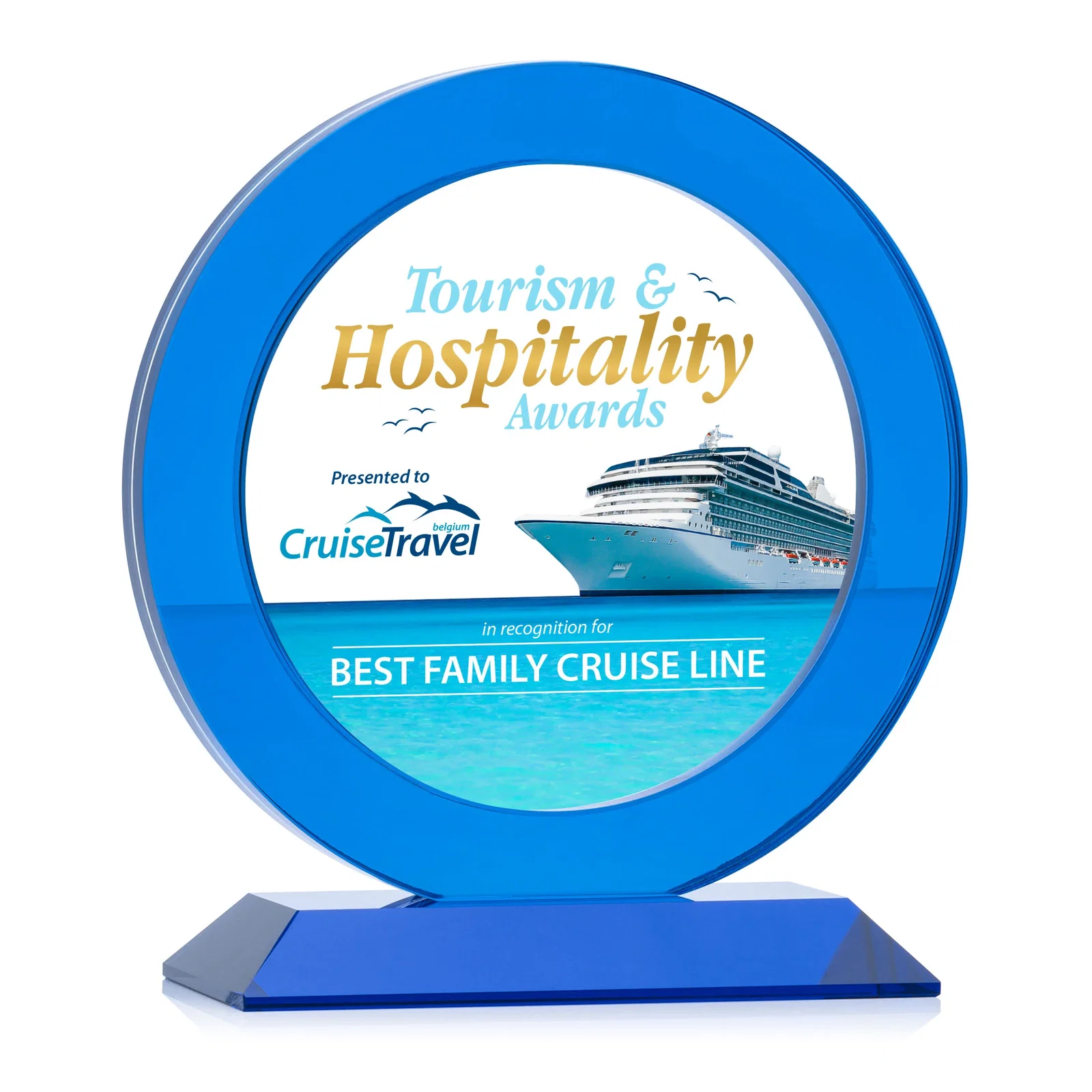 Custom Optical Crystal Round Award with a Sapphire Ring Center, awards for dealer and partner awards
