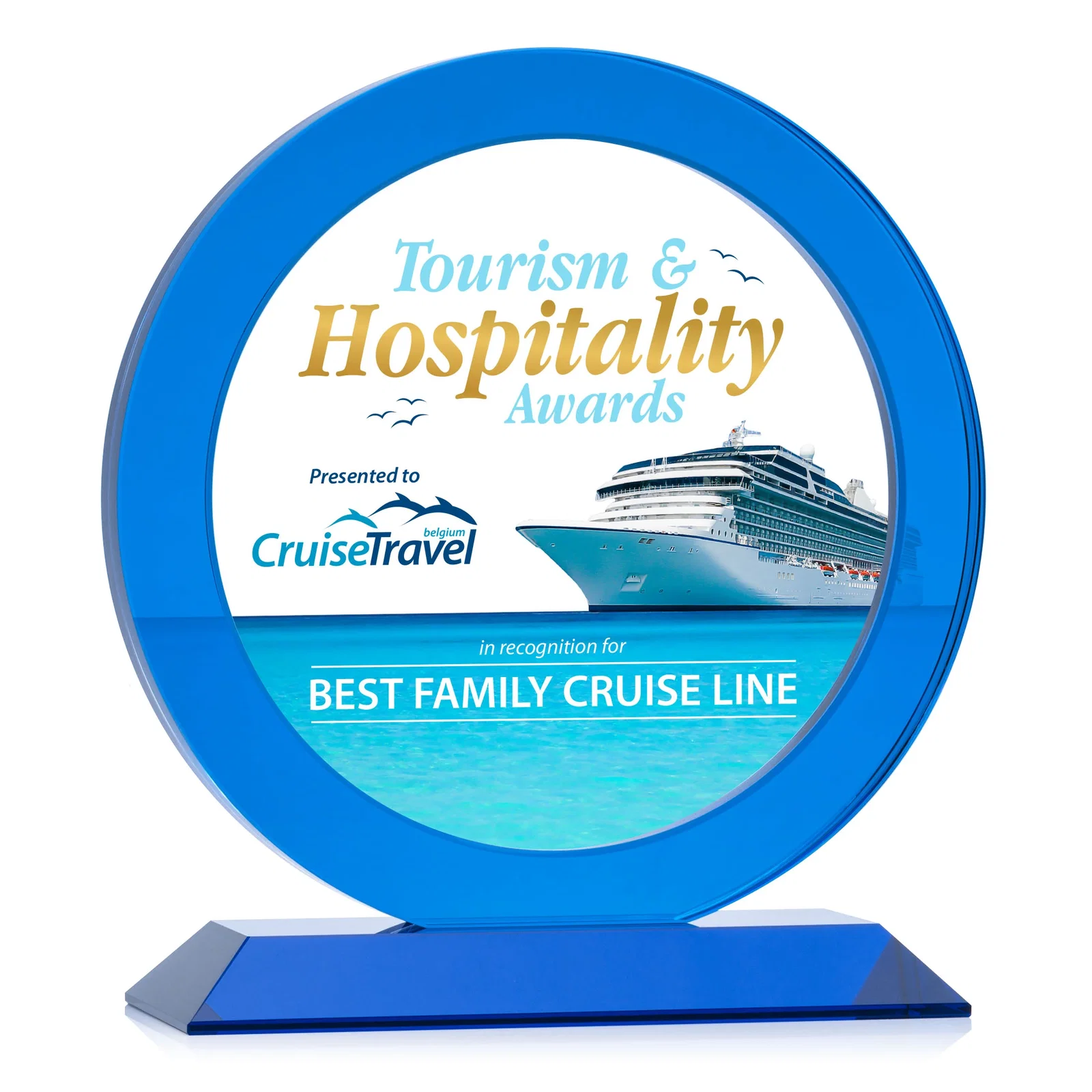 Custom Optical Crystal Round Award with a Sapphire Ring Center, awards for company anniversary events