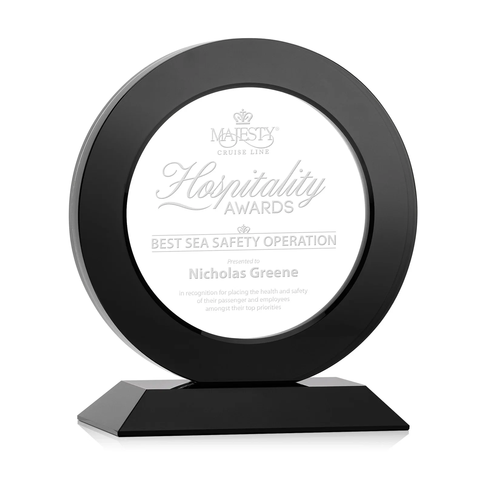 Personalized Optical Crystal Round Award with a Sapphire Ring Center, awards for corporate award ceremonies