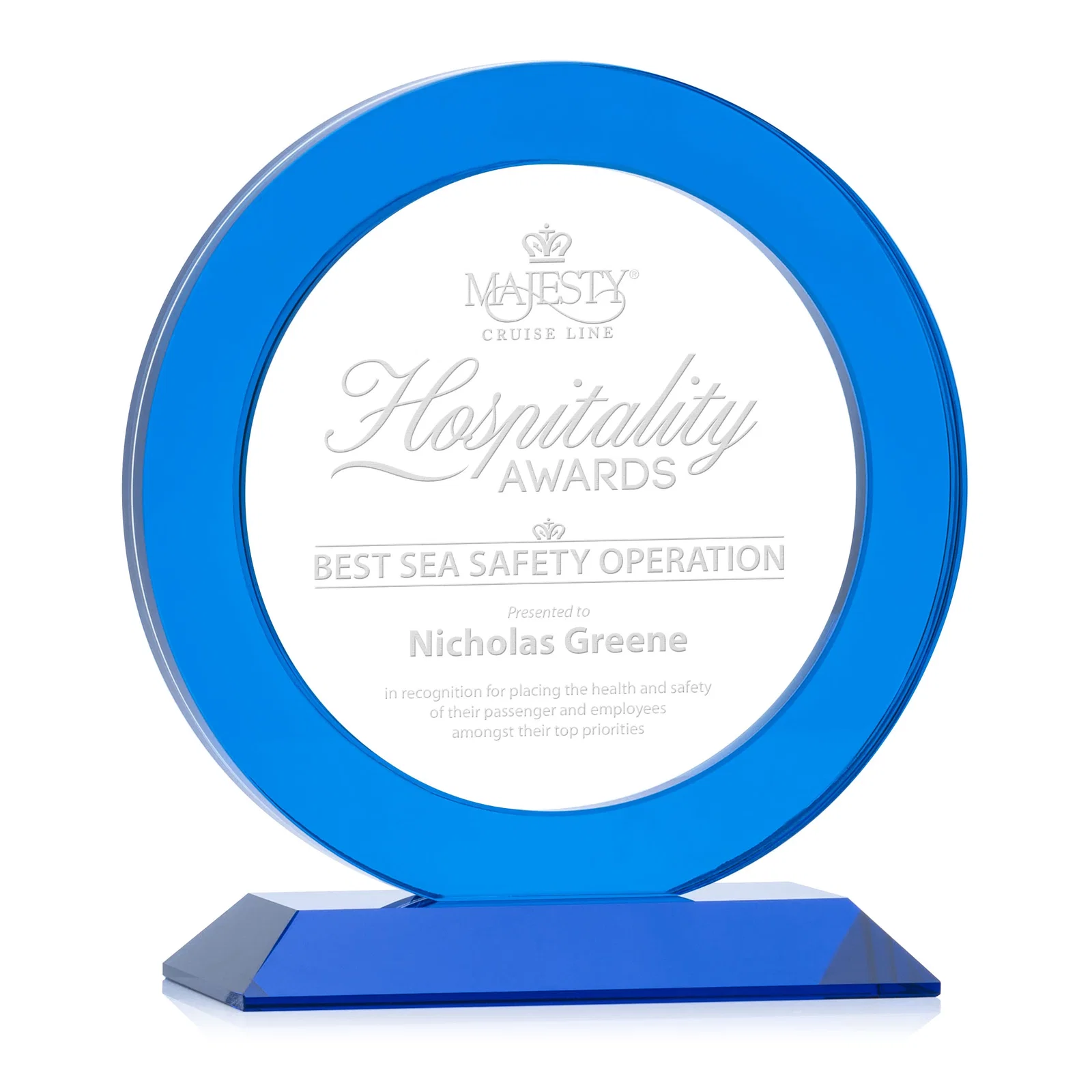 Custom Optical Crystal Round Award with a Sapphire Ring Center, awards for service anniversary gifts